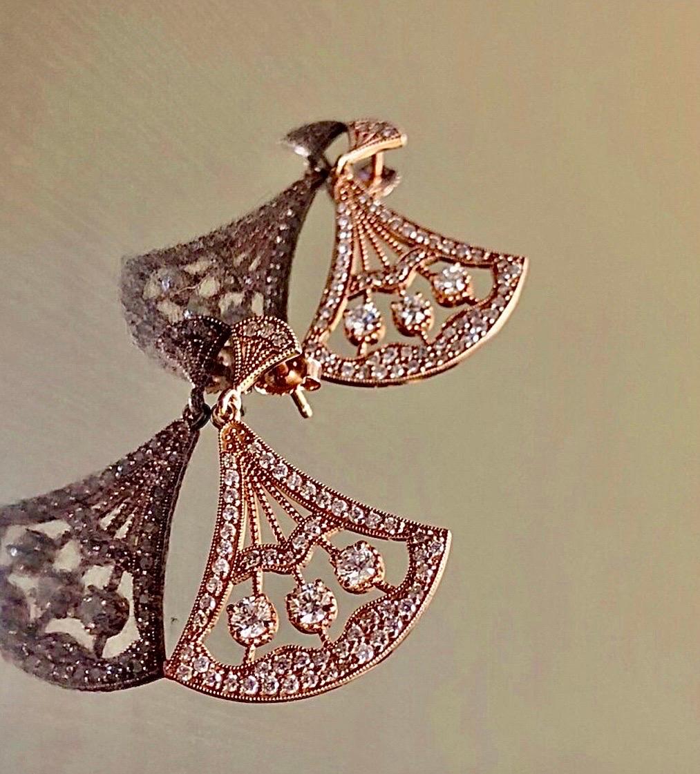 Round Cut 14K Rose Gold Art Deco 1.60 Pave Diamond Drop Earrings For Sale