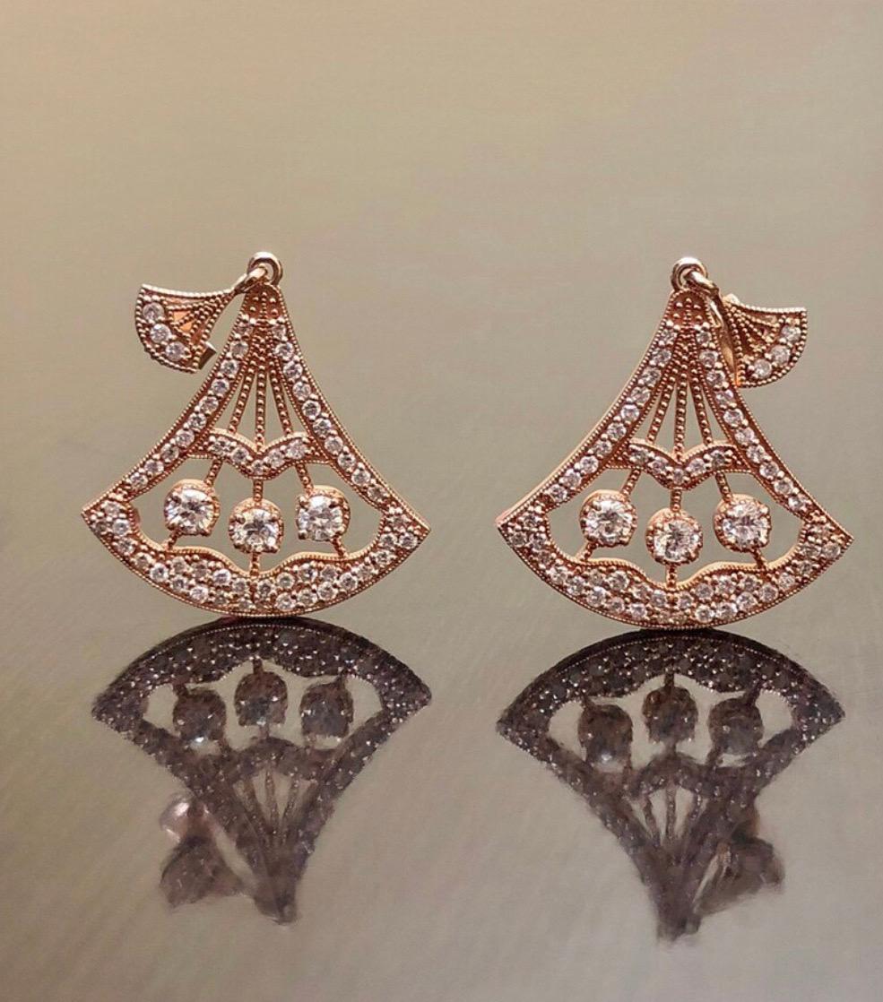 Taille ronde Boucles d'oreilles pendantes en or rose 14K Art Deco 1.60 Pave Diamond en vente