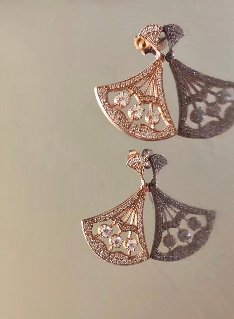 Boucles d'oreilles pendantes en or rose 14K Art Deco 1.60 Pave Diamond Neuf - En vente à Los Angeles, CA