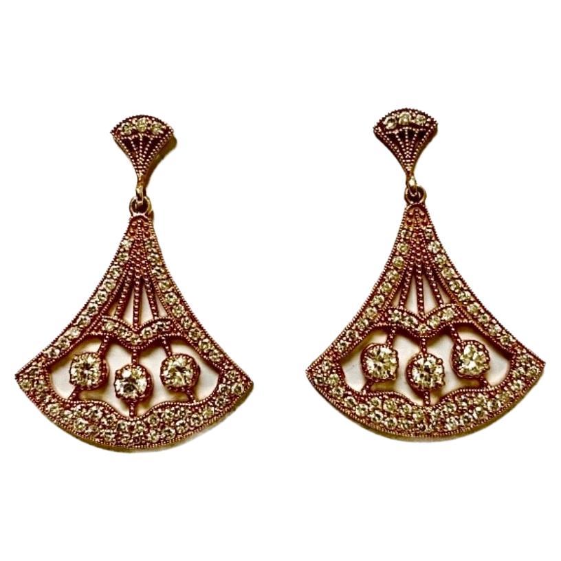 14K Rose Gold Art Deco 1.60 Pave Diamond Drop Earrings For Sale