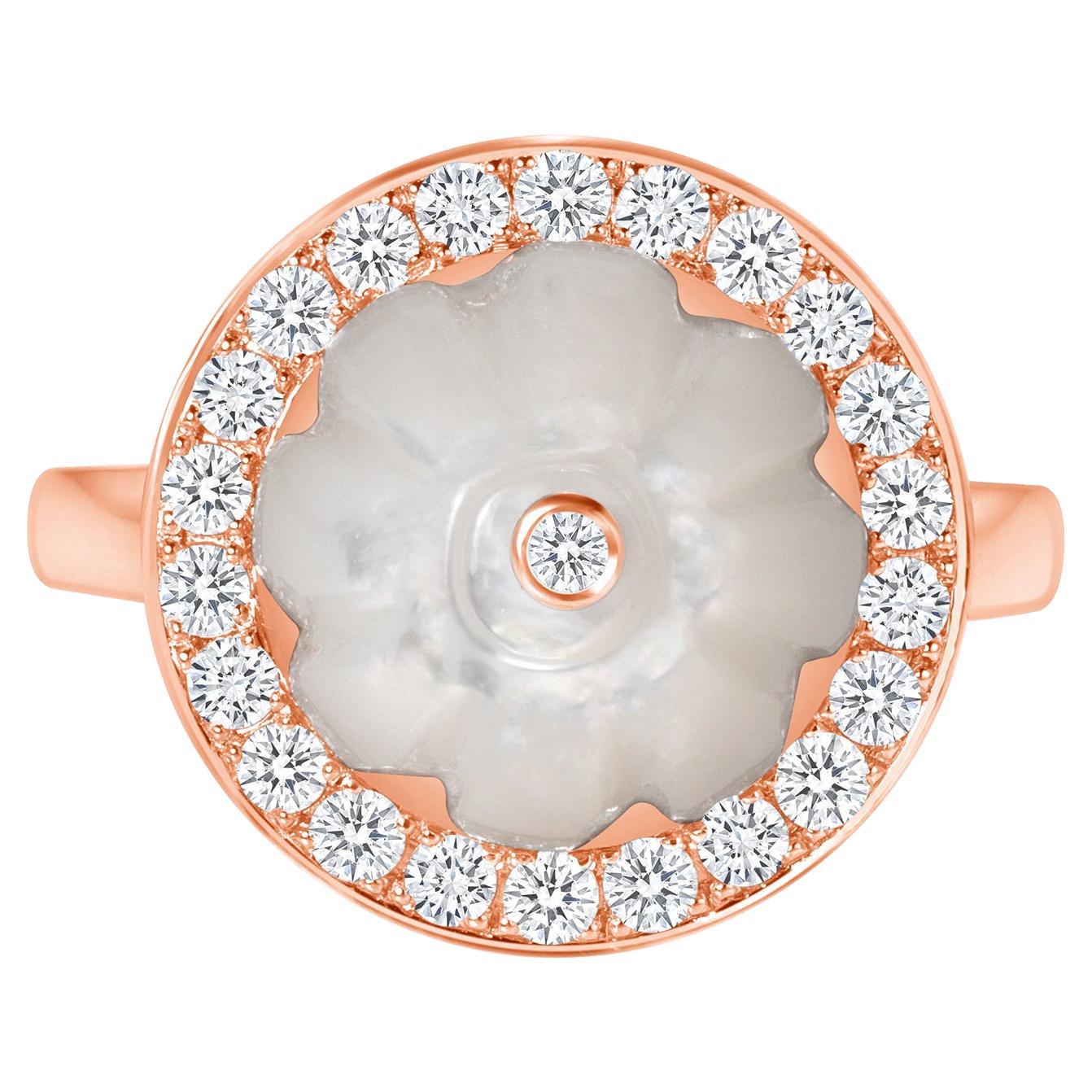 14K Rose Gold Art Deco Cocktail Diamond & Carved White Mother of Pearl Ring  For Sale