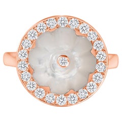 14K Rose Gold Art Deco Cocktail Diamond & Carved White Mother of Pearl Ring 