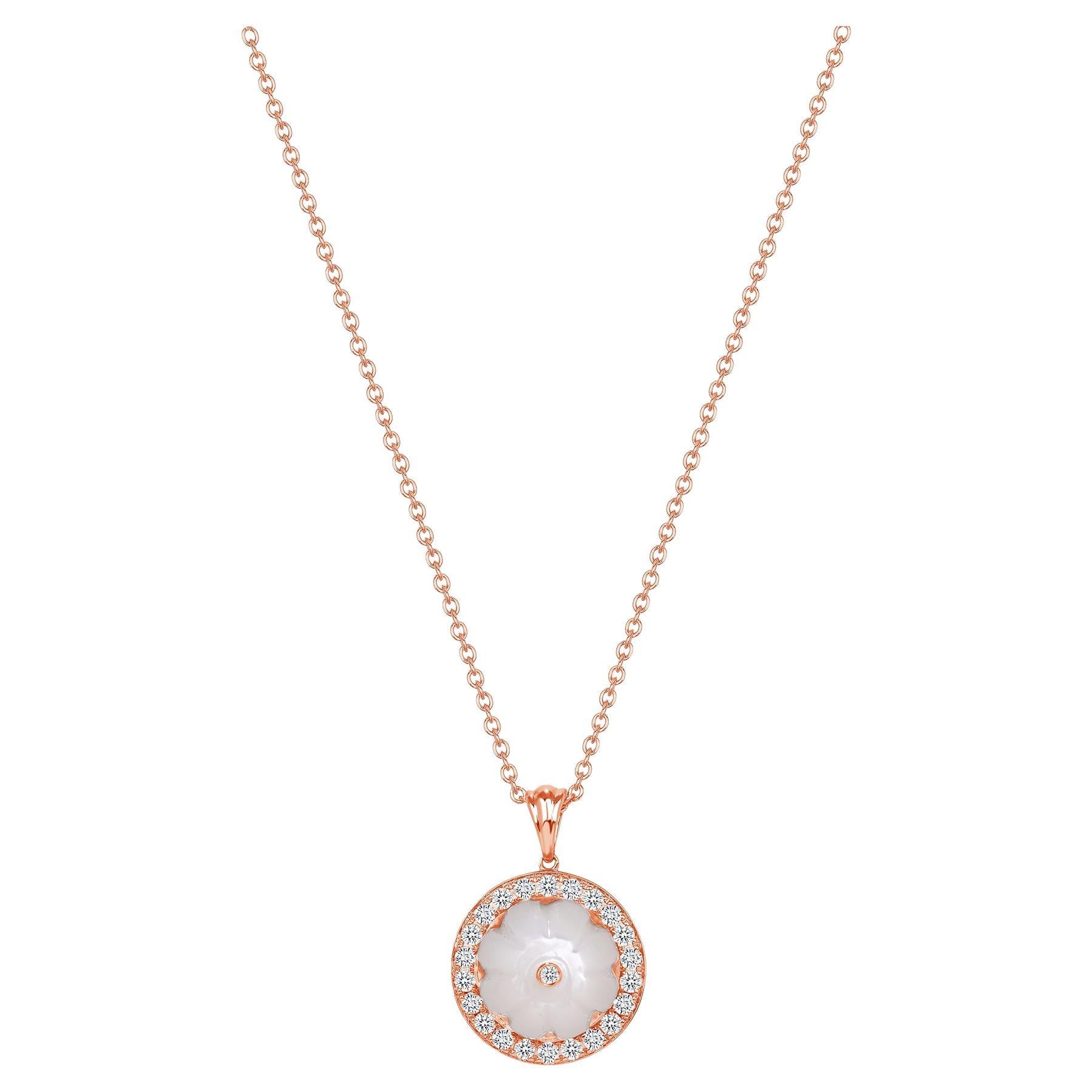 14K Rose Gold Art Deco Diamond & Hand Carved White Mother of Pearl Pendant 
