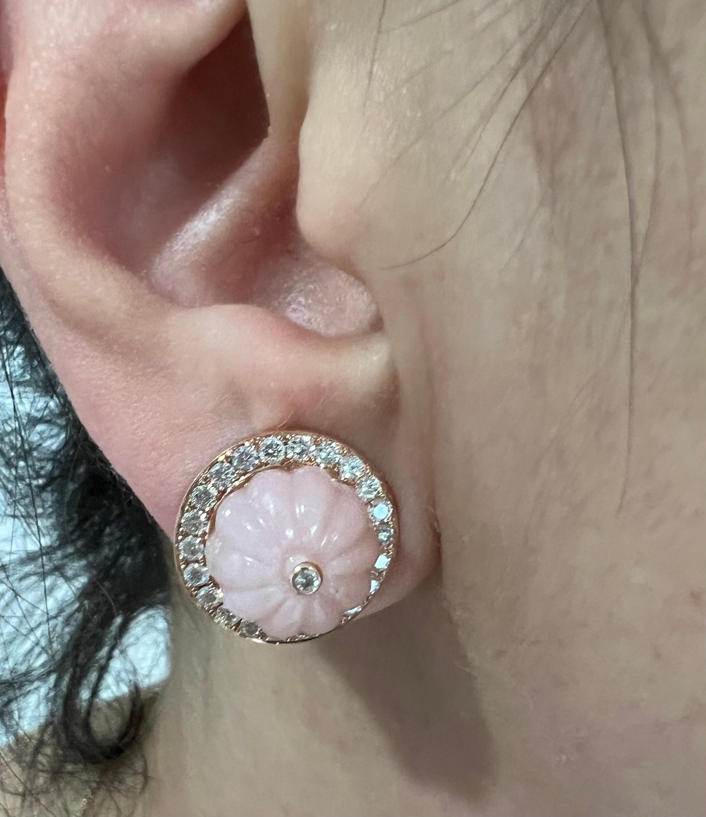 14K Rose Gold Art Deco Lux Diamond & Carved White Mother of Pearl Earring In New Condition For Sale In Los Angeles, CA