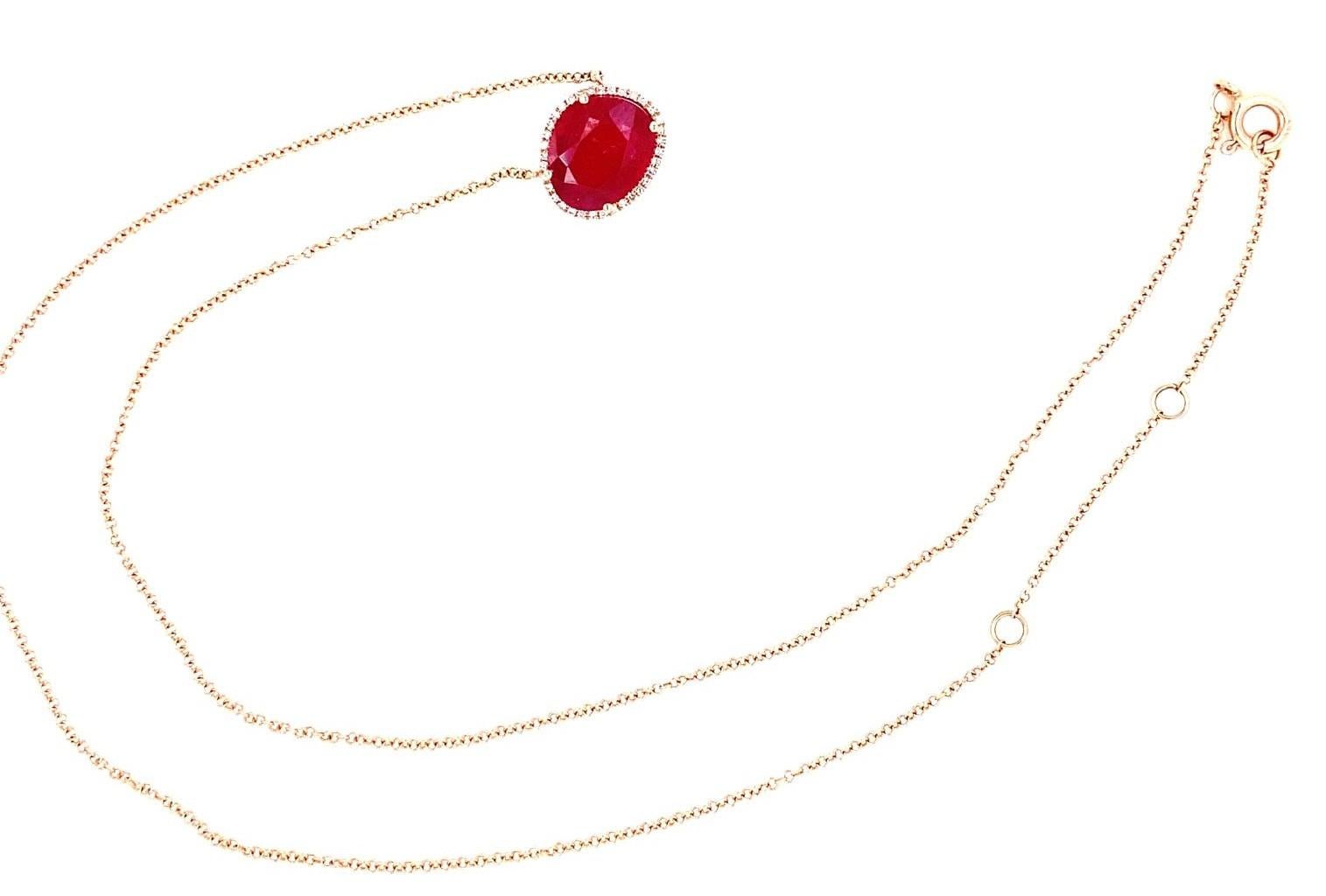 Moderno Collana con ciondolo in oro rosa 14k e rubino a taglio asimmetrico con diamante, lunghezza 16-18