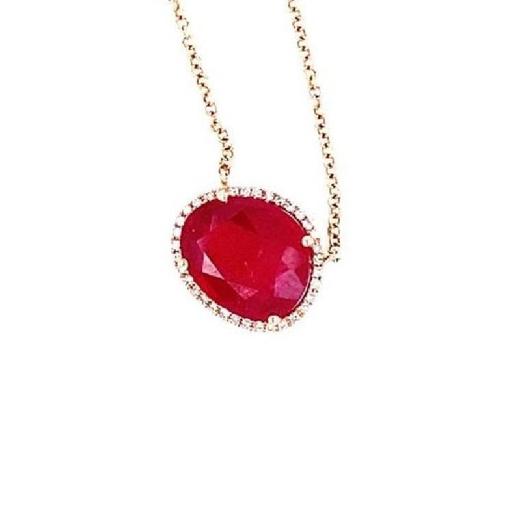 da uomo o donna Collana con ciondolo in oro rosa 14k e rubino a taglio asimmetrico con diamante, lunghezza 16-18