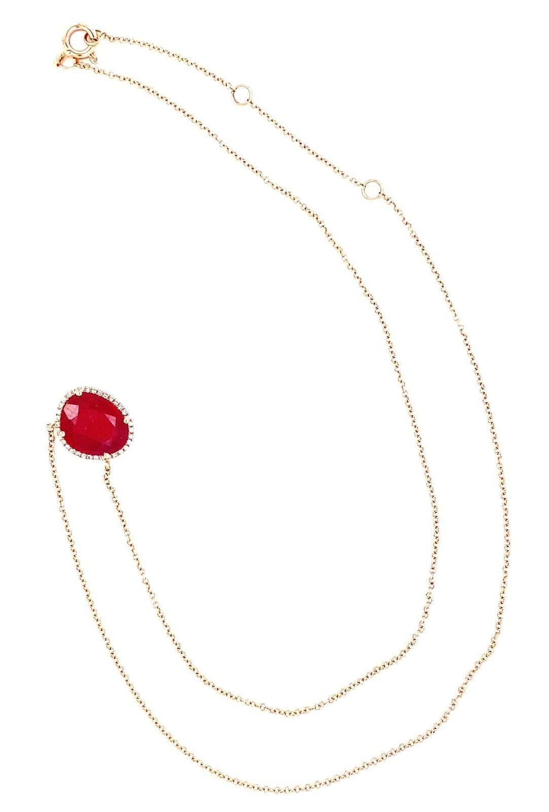 Collana con ciondolo in oro rosa 14k e rubino a taglio asimmetrico con diamante, lunghezza 16-18