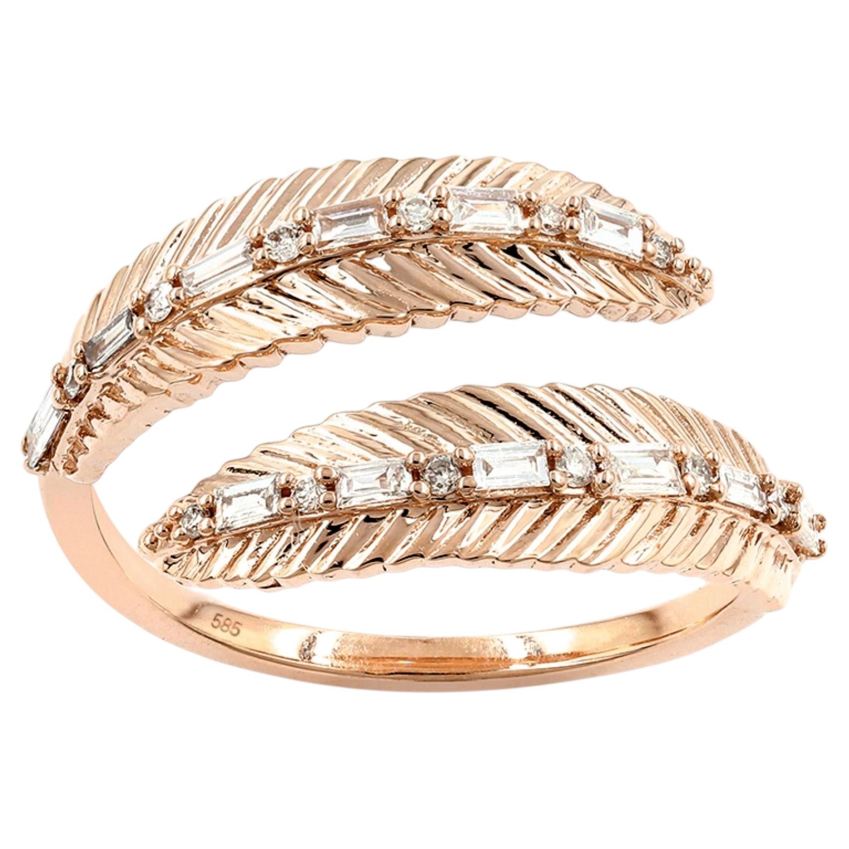 14K Rose Gold Baguette and Round Cut Diamond Feather Bypass Ring
