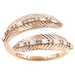14K Rose Gold Baguette and Round Cut Diamond Feather Bypass Ring