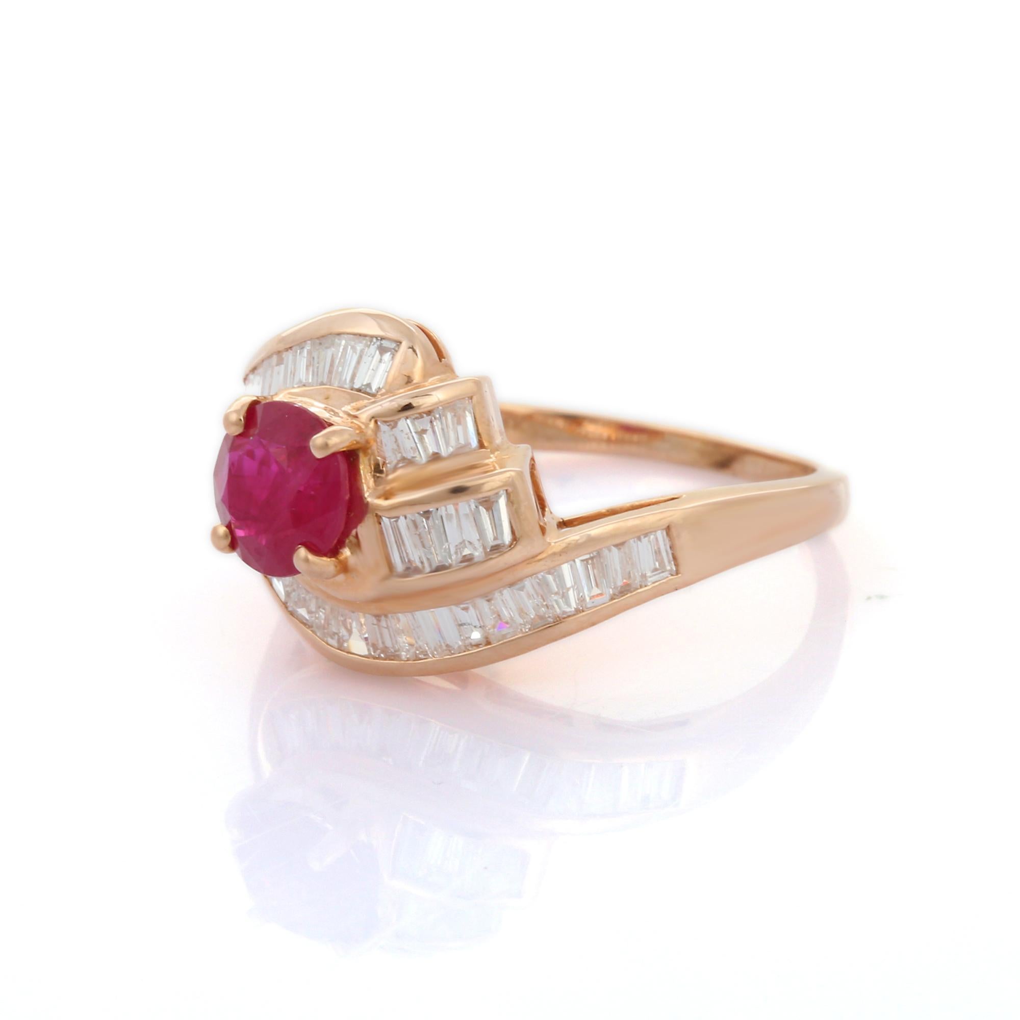 En vente :  Bague en or rose 14 carats avec diamants taille baguette et rubis 6