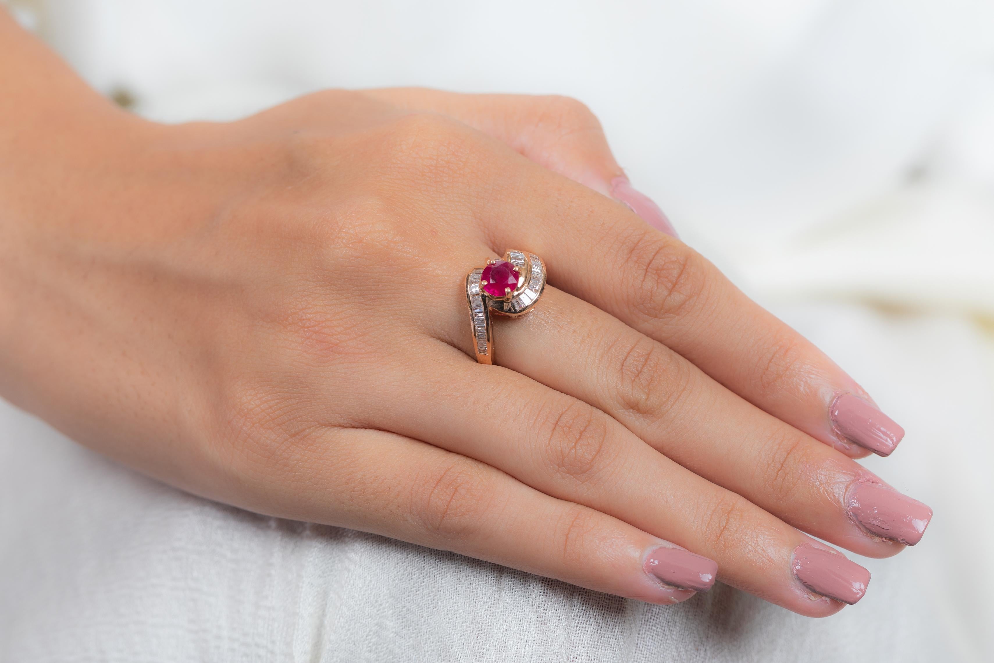 For Sale:  14K Rose Gold Baguette Cut Diamond and Ruby Ring 7
