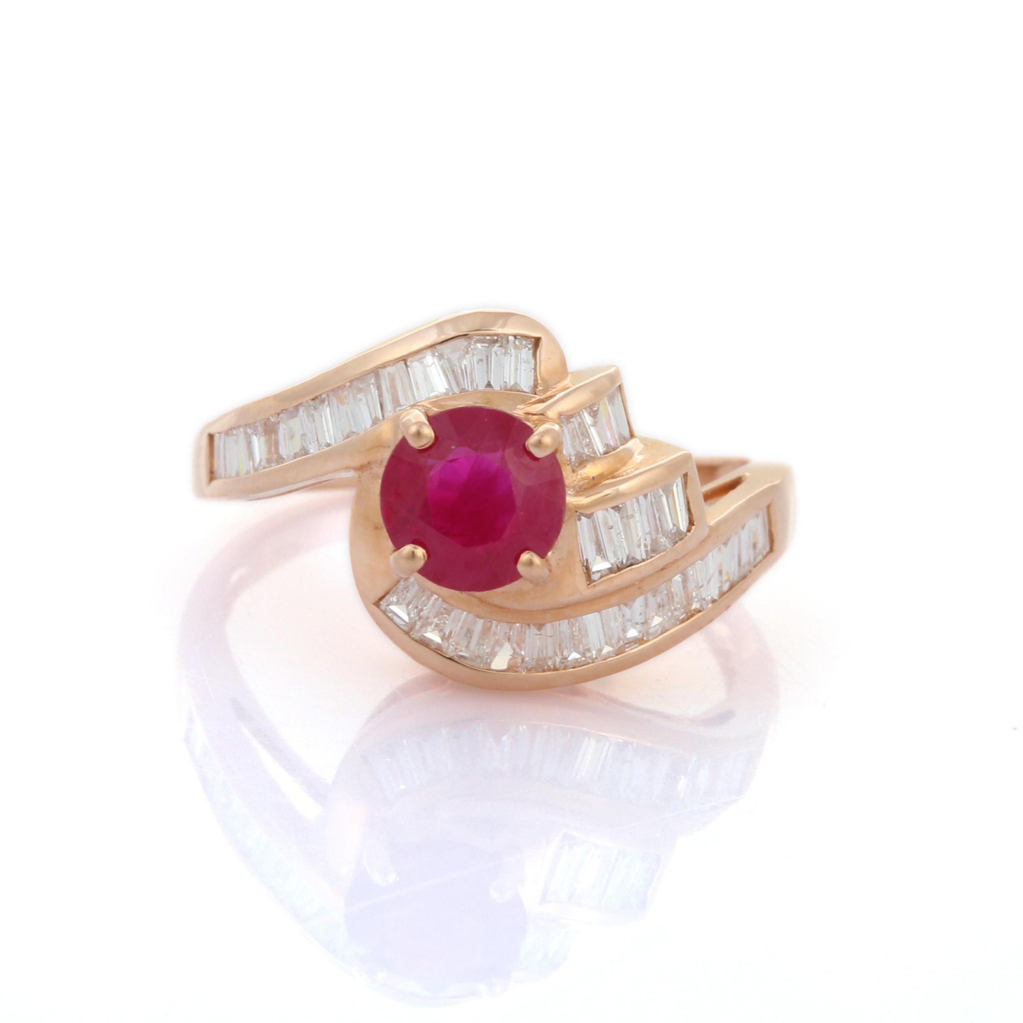 En vente :  Bague en or rose 14 carats avec diamants taille baguette et rubis 8