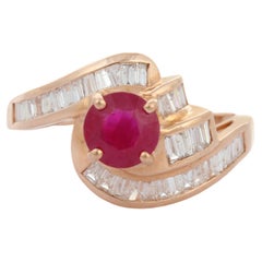 14K Rose Gold Baguette Cut Diamond and Ruby Ring