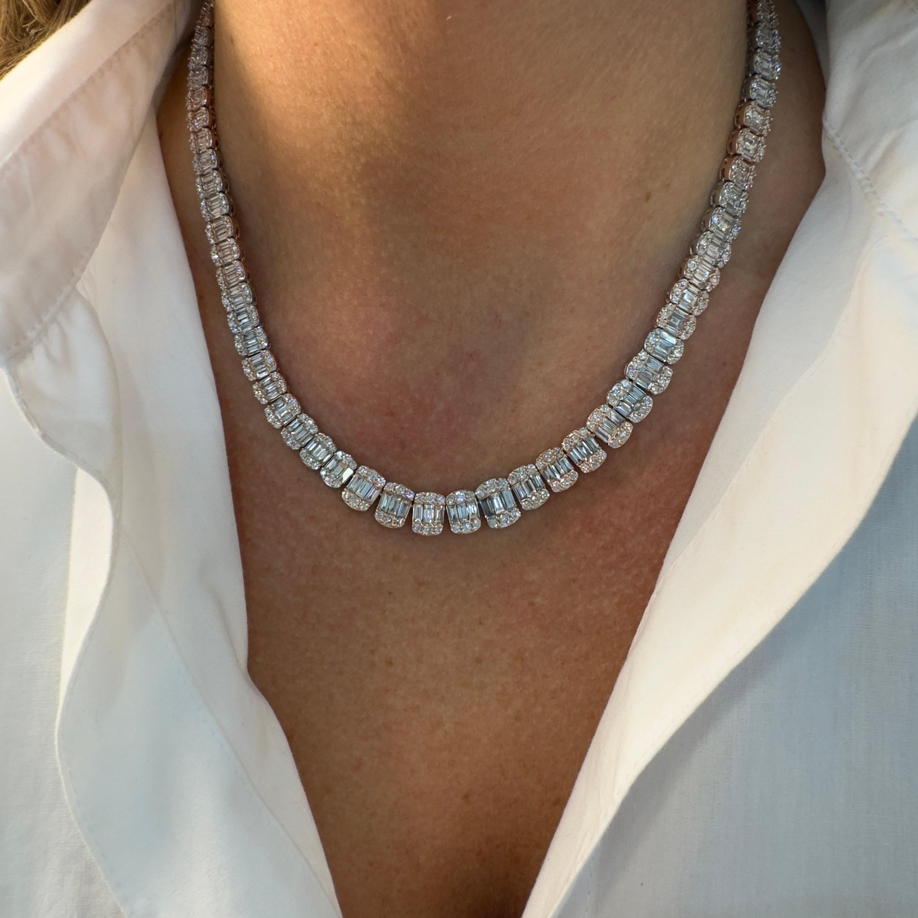 14K Rose Gold Baguette Link Cluster Diamond Chain Necklace For Sale 1