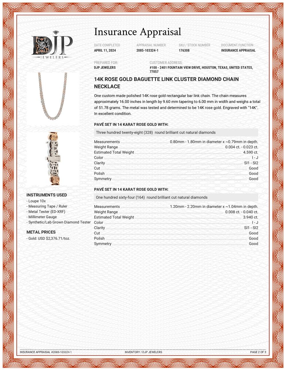 14K Rose Gold Baguette Link Cluster Diamond Chain Necklace For Sale 2