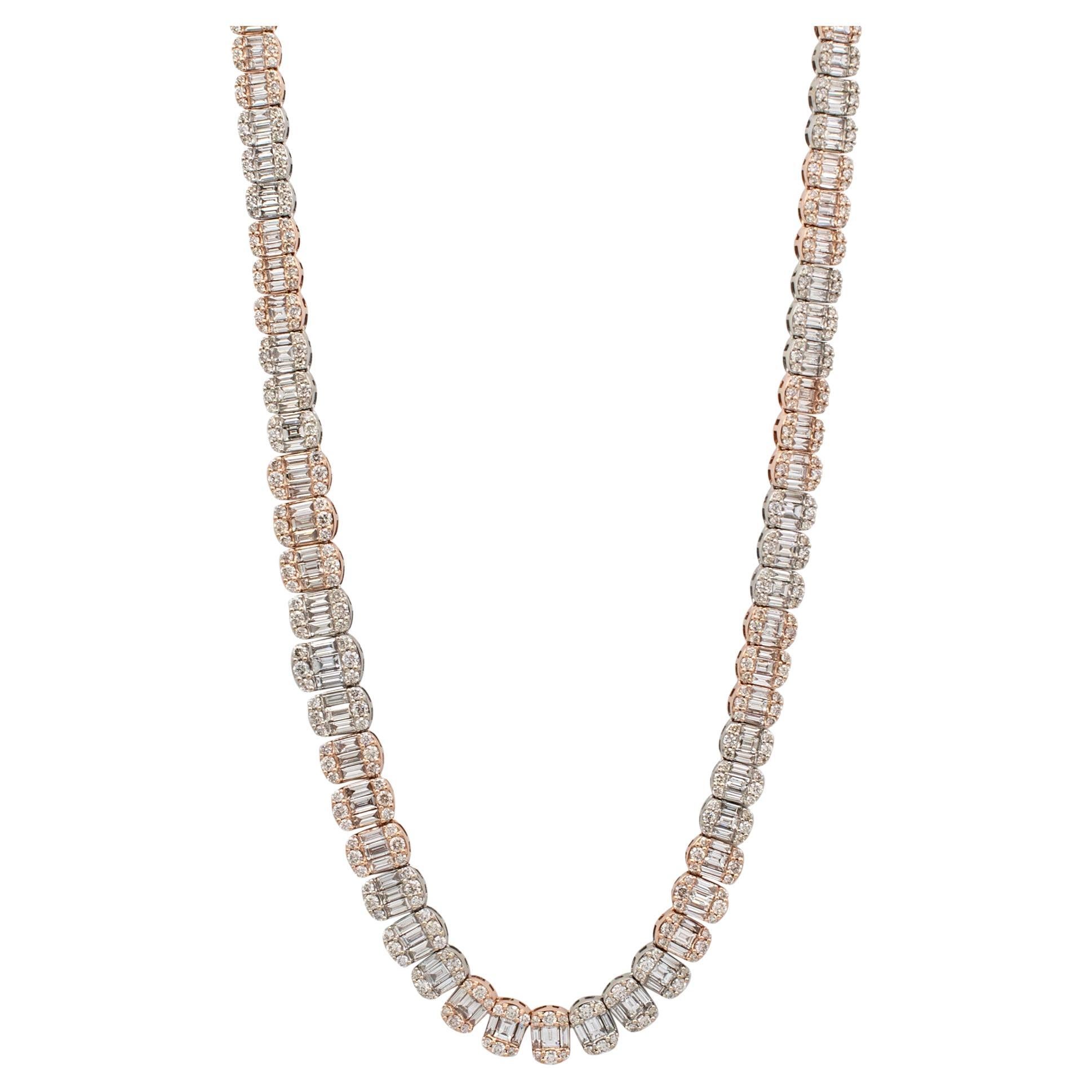 14K Rose Gold Baguette Link Cluster Diamond Chain Necklace For Sale