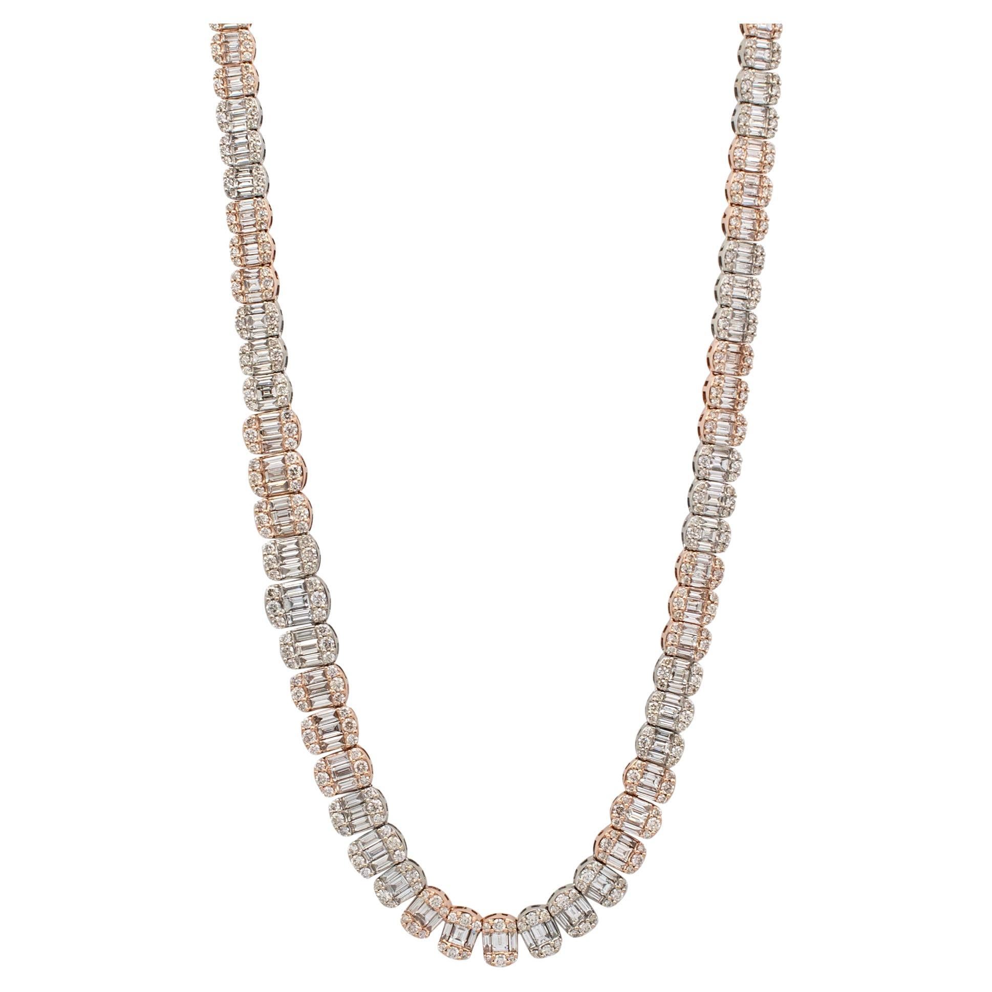 Chaîne collier à maillons baguettes en or rose 14 carats et diamants