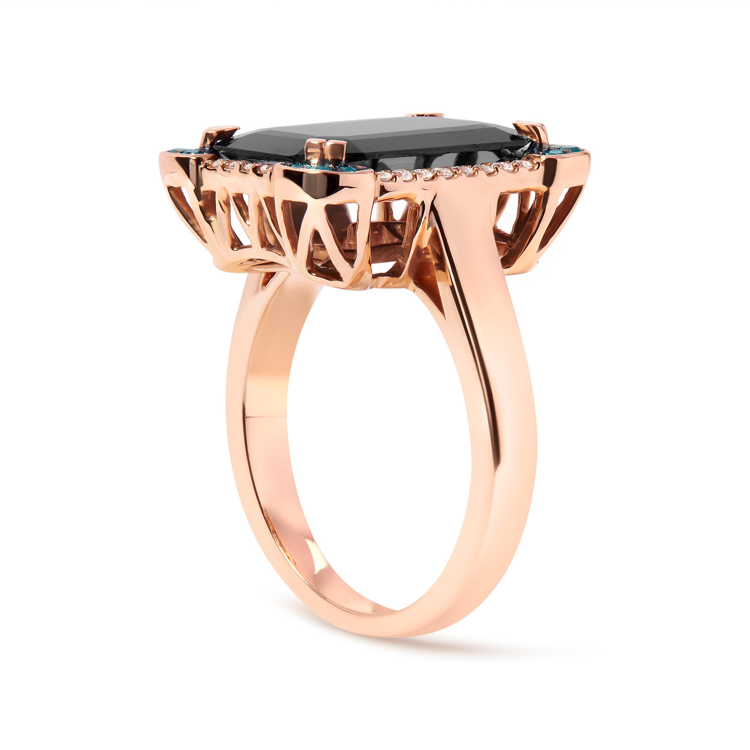 Moderno Anello da cocktail in oro rosa 14K con onice nero e diamanti blu e bianchi da 1/5 Cttw in vendita