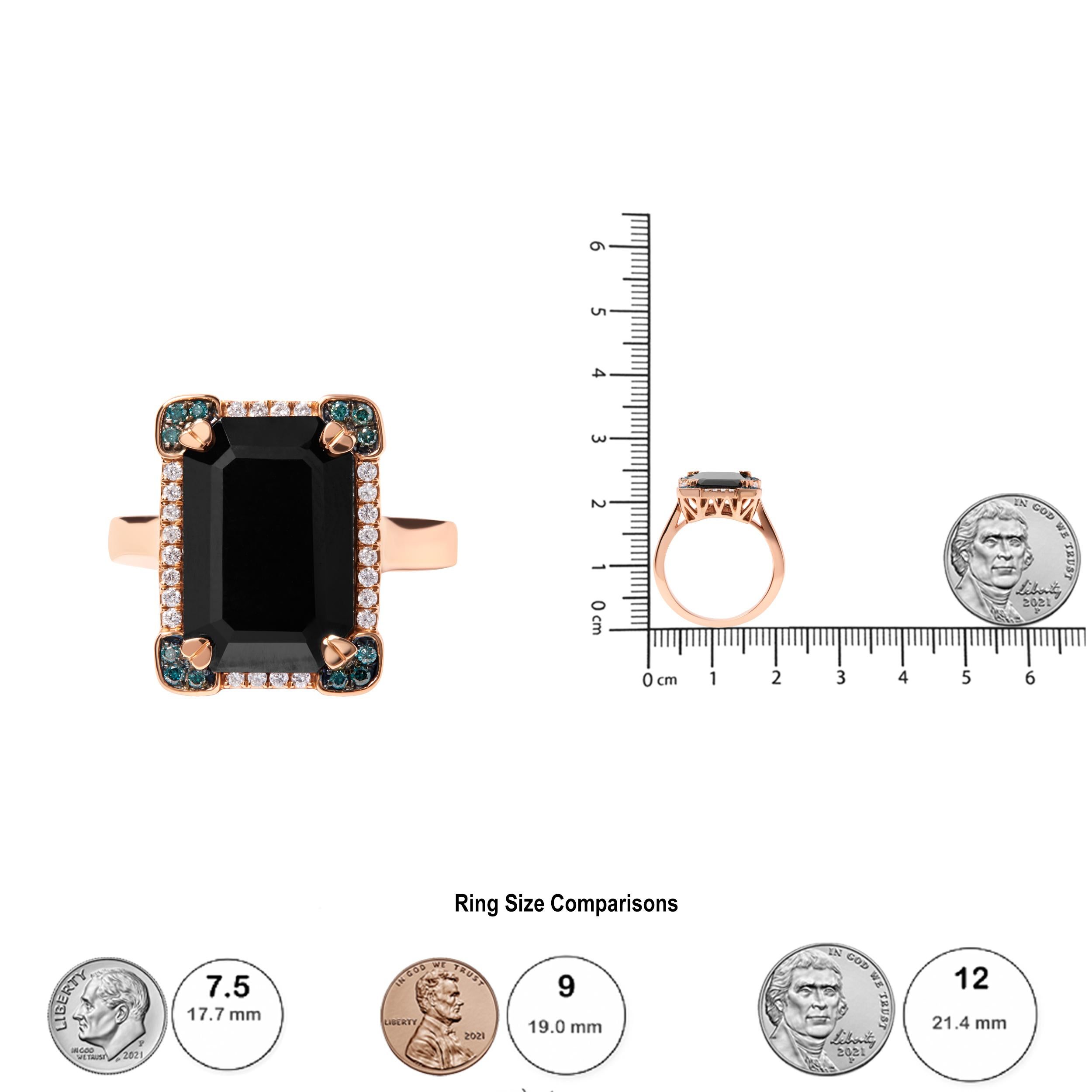 Taglio smeraldo Anello da cocktail in oro rosa 14K con onice nero e diamanti blu e bianchi da 1/5 Cttw in vendita