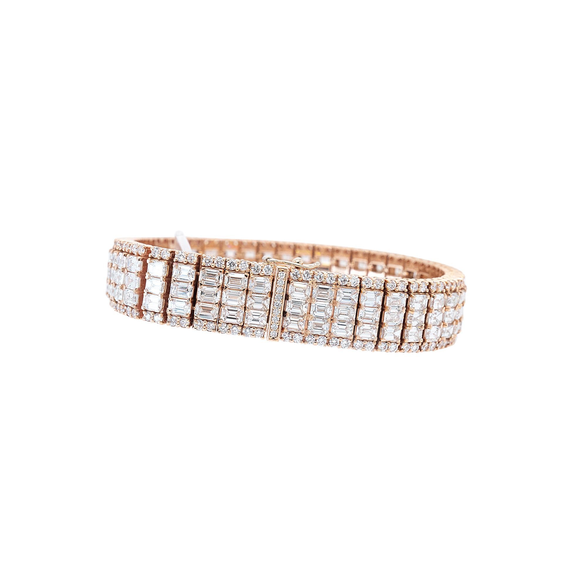 Material: 14k Rose Gold
Diamond Details: Approximately 35.0ctw of Natural Emerald Cut and Round Brilliant Natural Diamonds
Measurements: 7.5