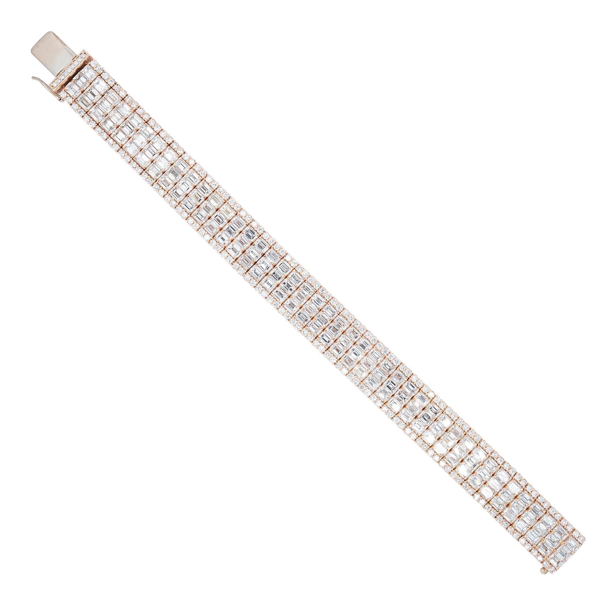 Bracelet en or rose 14 carats, 35.0 carats, taille émeraude naturelle et diamants ronds brillants Pour femmes en vente
