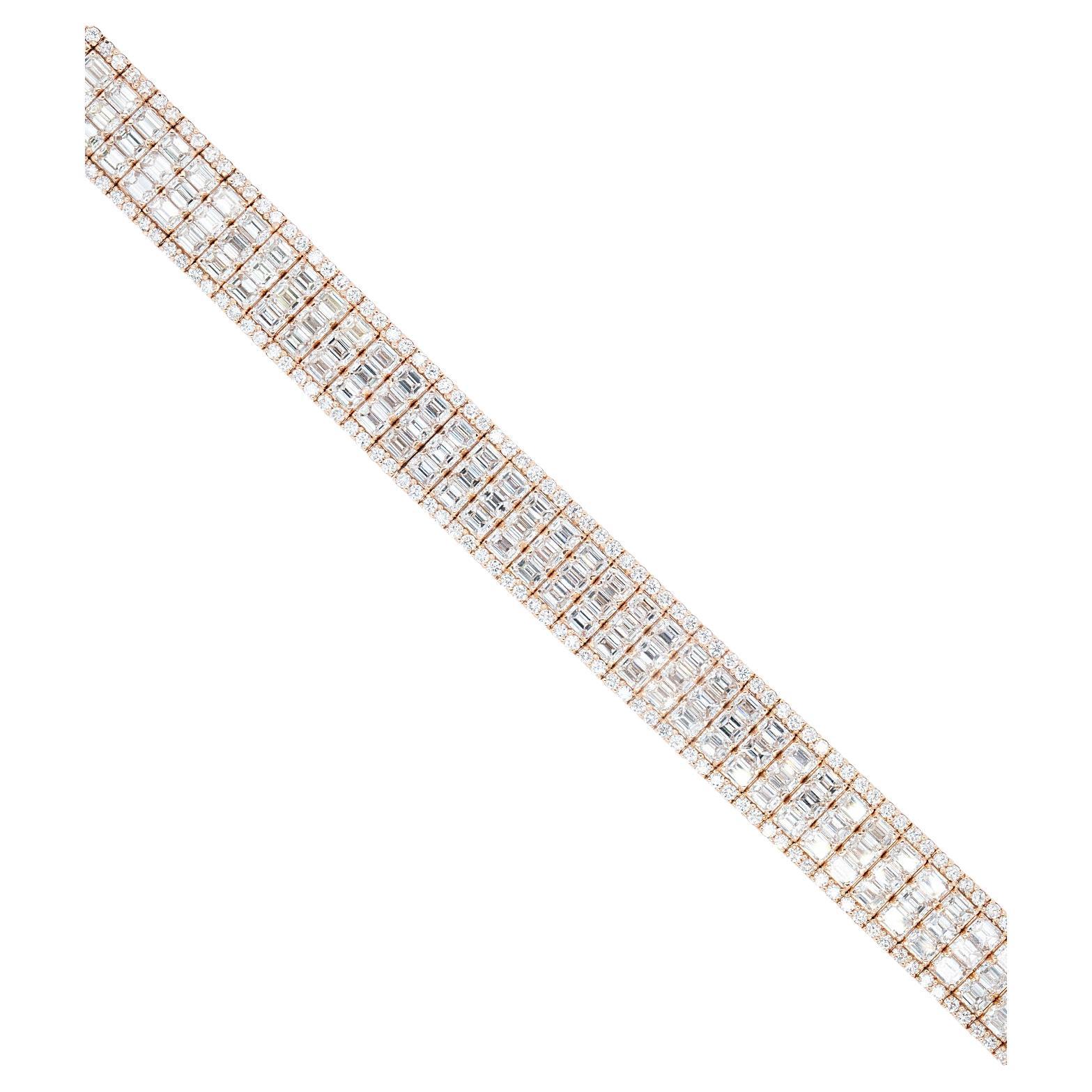 Bracelet en or rose 14 carats, 35.0 carats, taille émeraude naturelle et diamants ronds brillants en vente