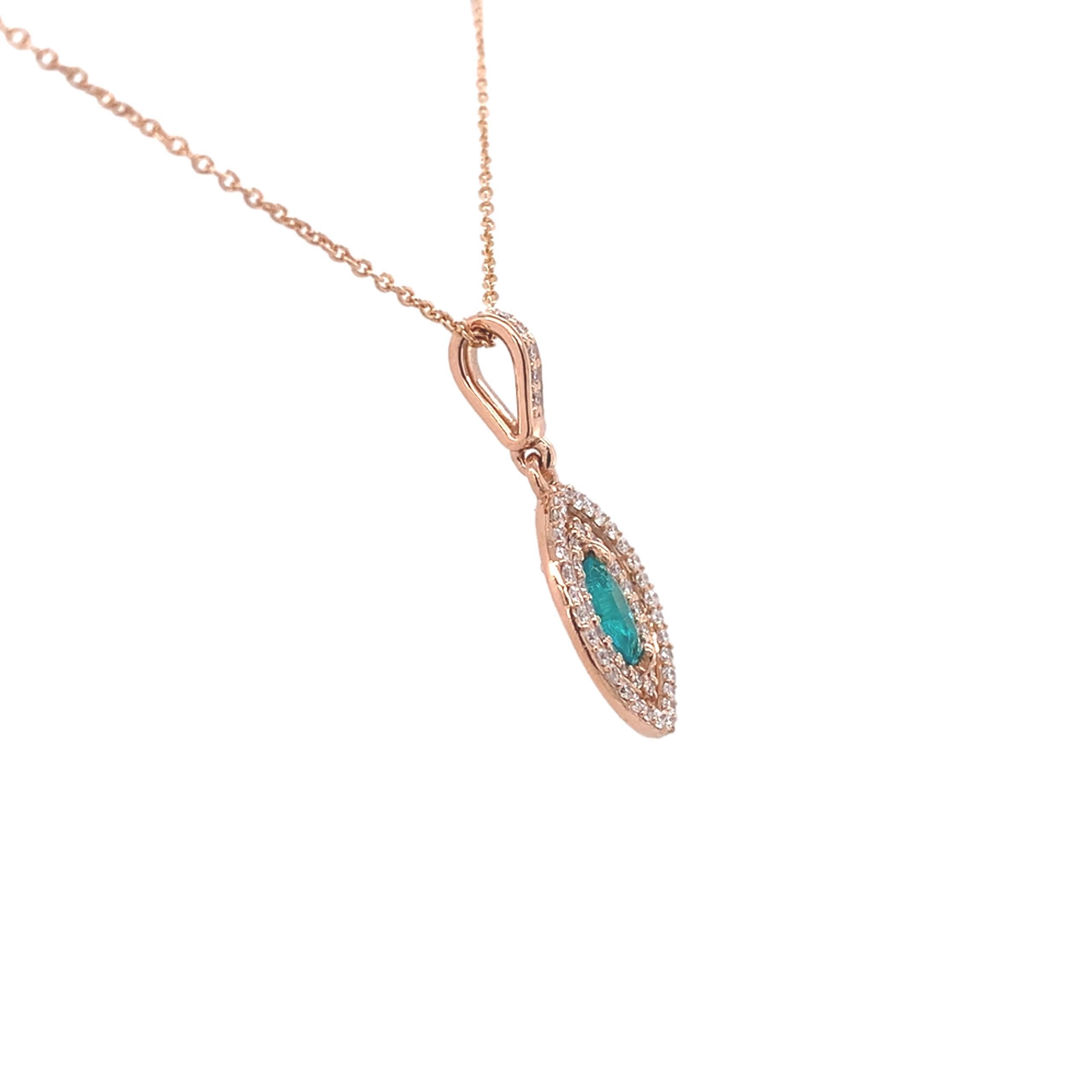 Marquise Cut 14K Rose Gold Brazilian .20ct Paraiba Tourmaline and Diamond Pendant For Sale