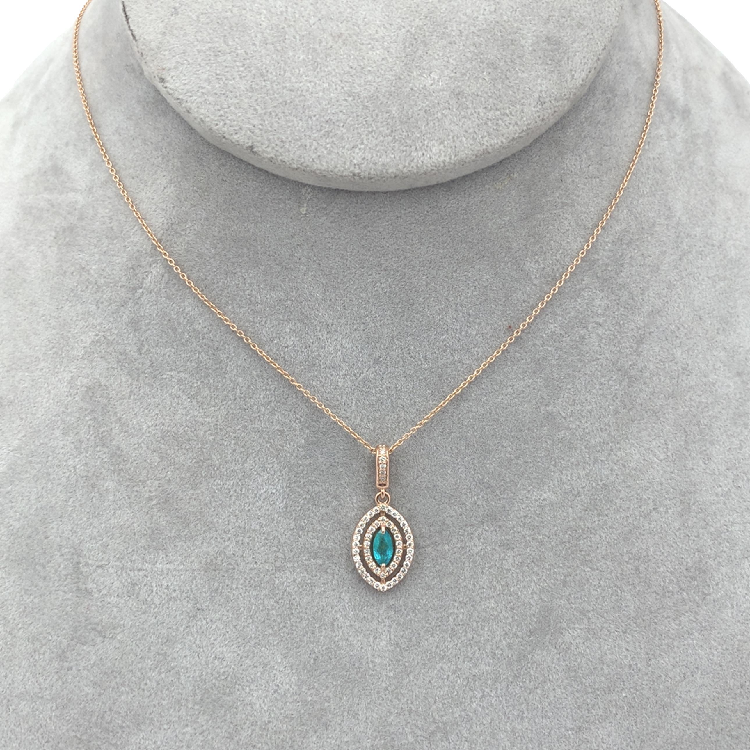 14K Rose Gold Brazilian .20ct Paraiba Tourmaline and Diamond Pendant For Sale 1