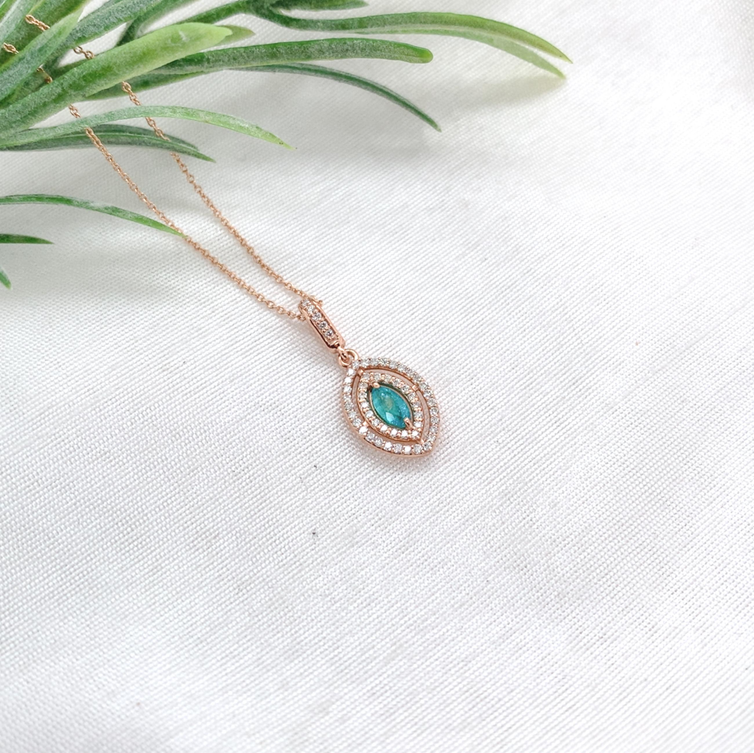 14K Rose Gold Brazilian .20ct Paraiba Tourmaline and Diamond Pendant For Sale 2