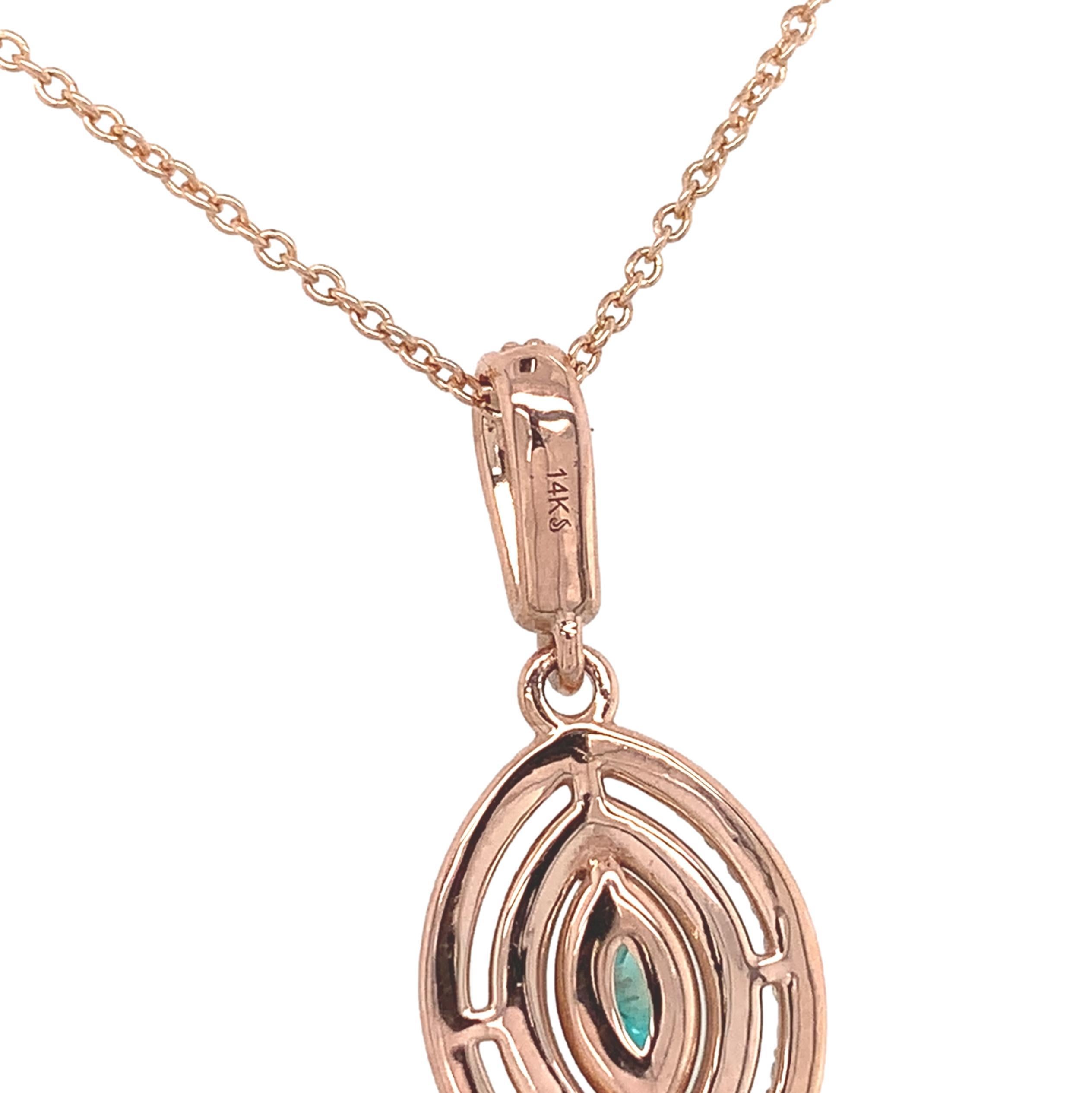 14K Rose Gold Brazilian .20ct Paraiba Tourmaline and Diamond Pendant For Sale 4