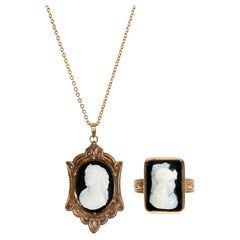 14K Rose Gold Cameo Halskette und Ring-Schmuck-Set