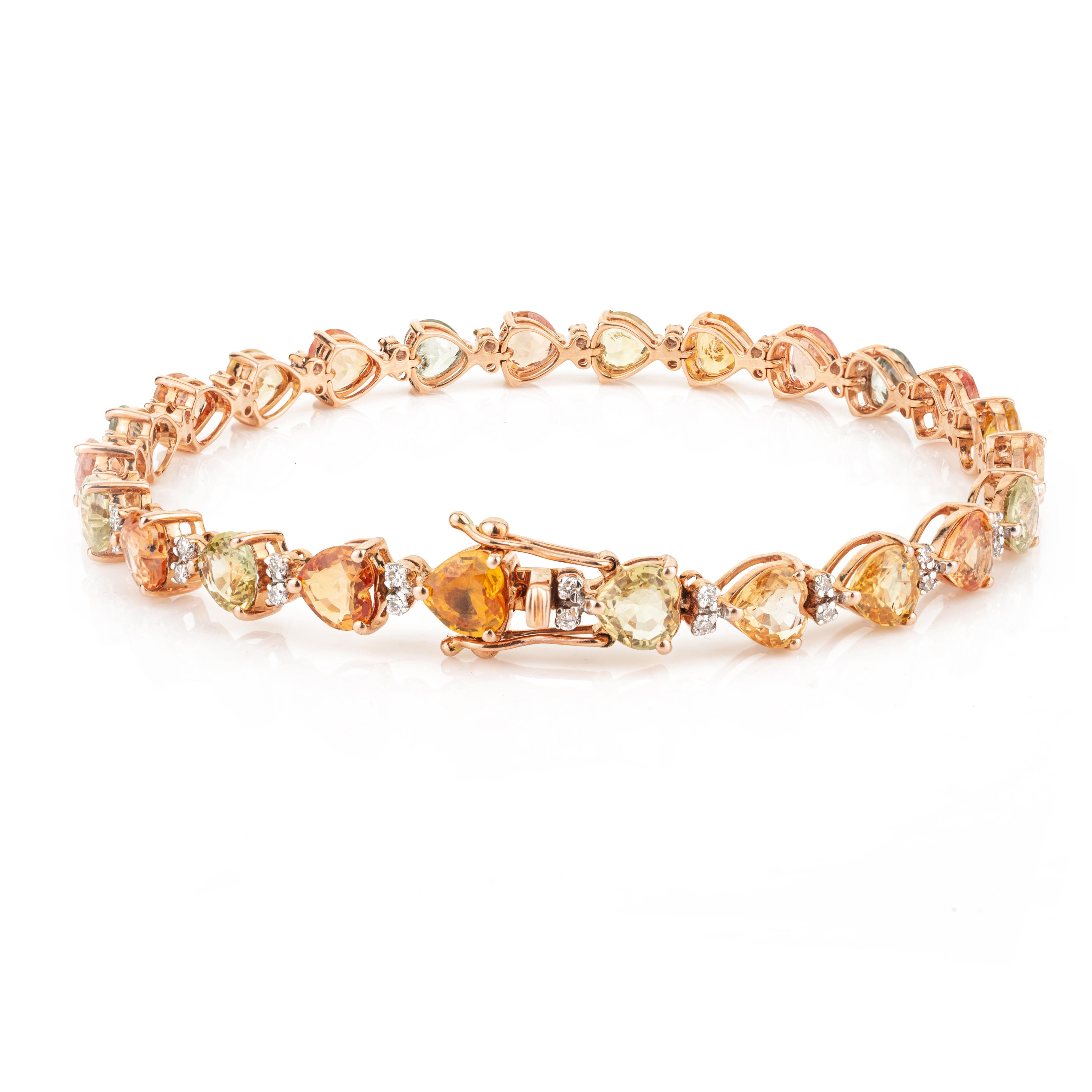 Women's 14k Rose Gold Certified 13.05 Carat Heart Multi Sapphire Diamond Bracelet For Sale