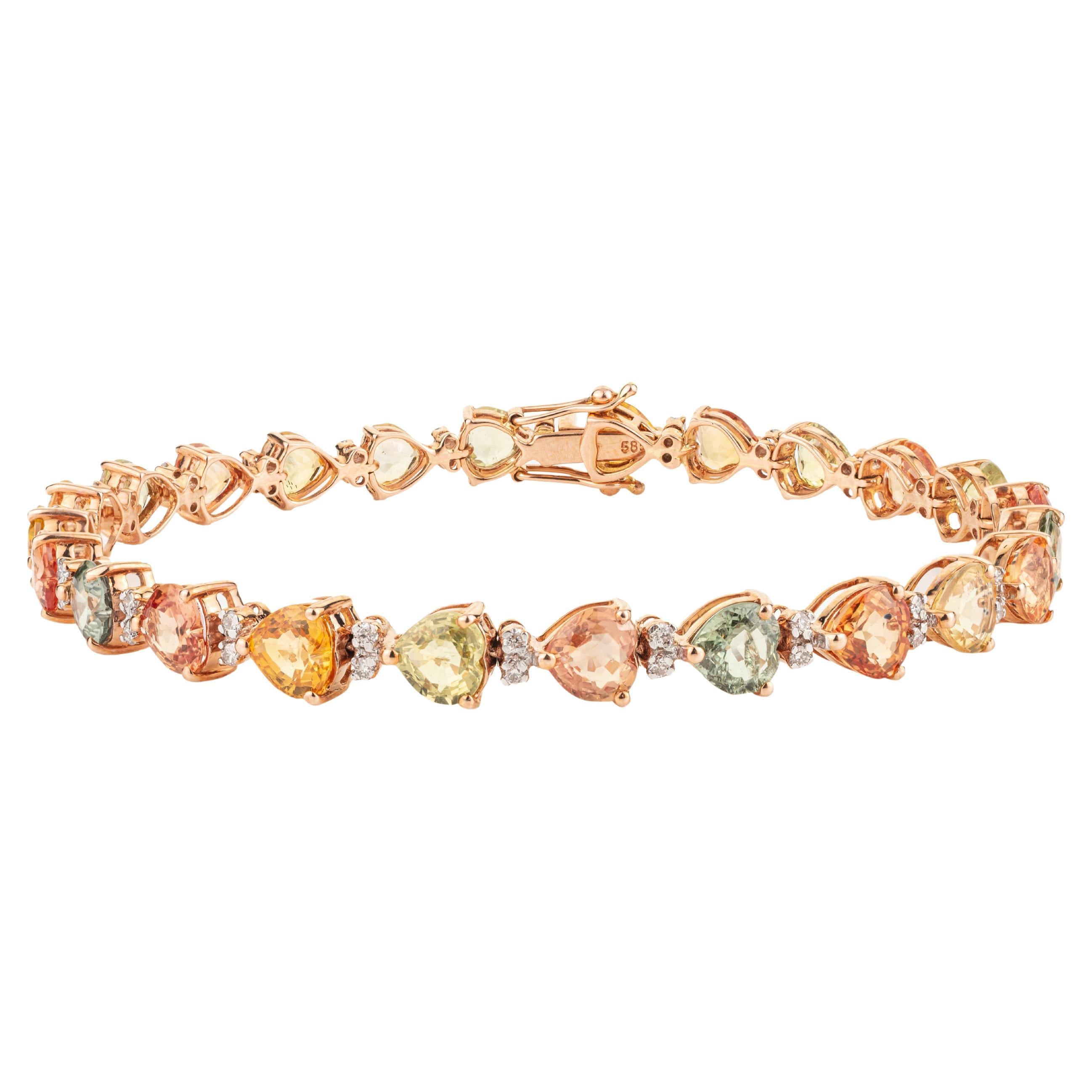 Bracelet en or rose 14 carats avec plusieurs saphirs et diamants en forme de cœur certifiés 13,05 carats