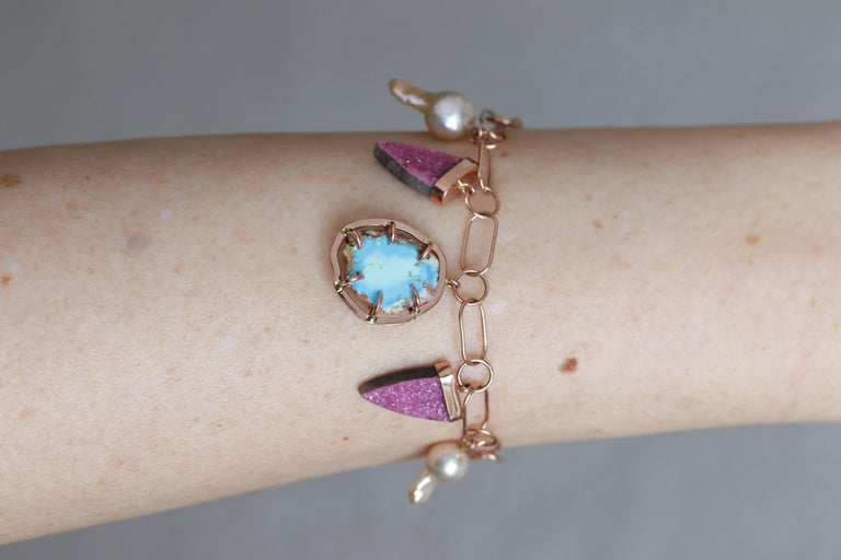 14k Rose Gold Chain Bracelet with Pearl, Cobalto Calcite, and Turquoise For  Sale at 1stDibs