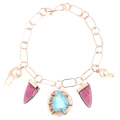 14k Rose Gold Chain Bracelet with Pearl, Cobalto Calcite, and Turquoise