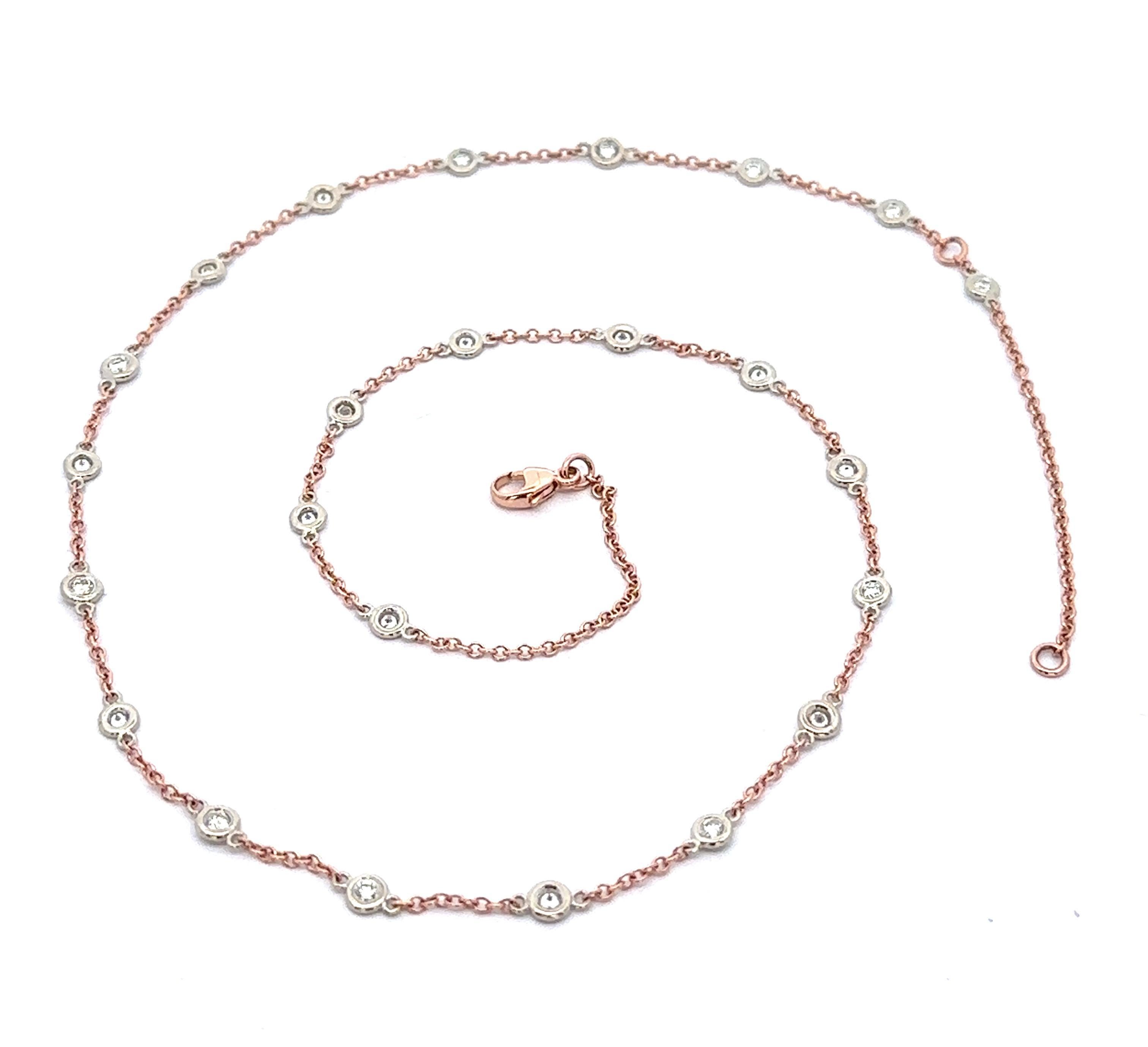 14k Rose Gold Chain White Gold Diamond Station Adjustable By the Yard Necklace Excellent état - En vente à Montclair, NJ
