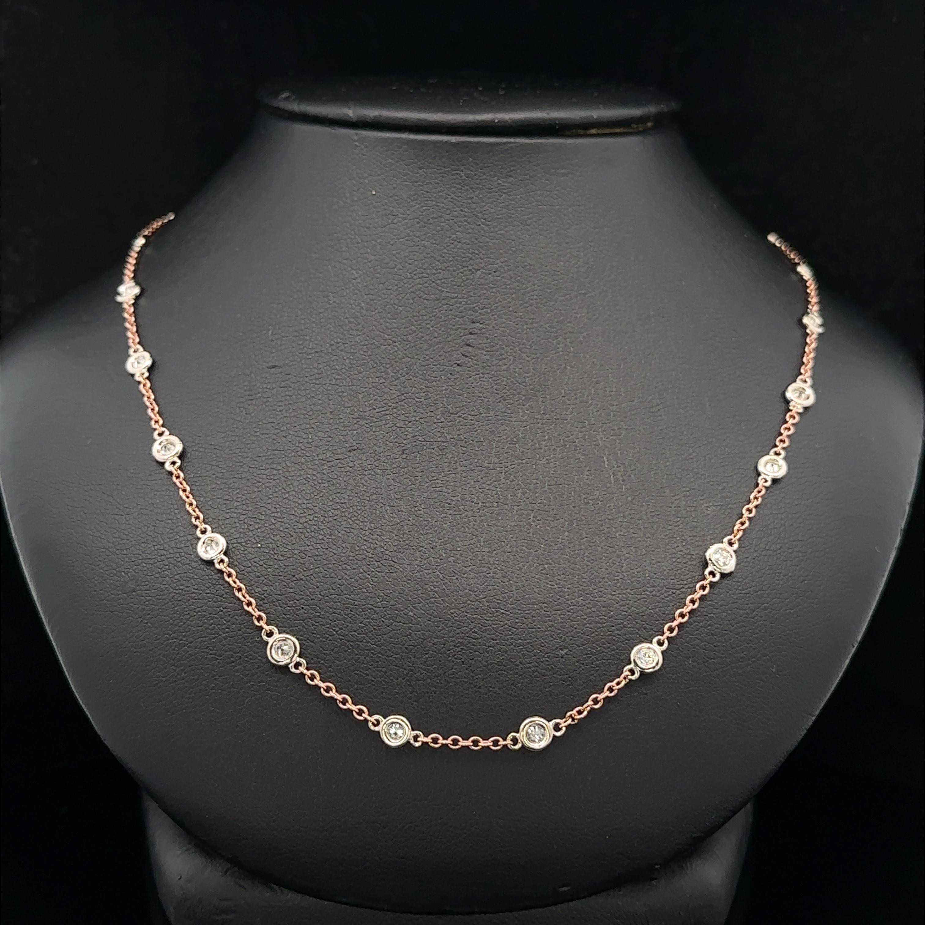 14k Rose Gold Chain White Gold Diamond Station Adjustable By the Yard Necklace Pour femmes en vente