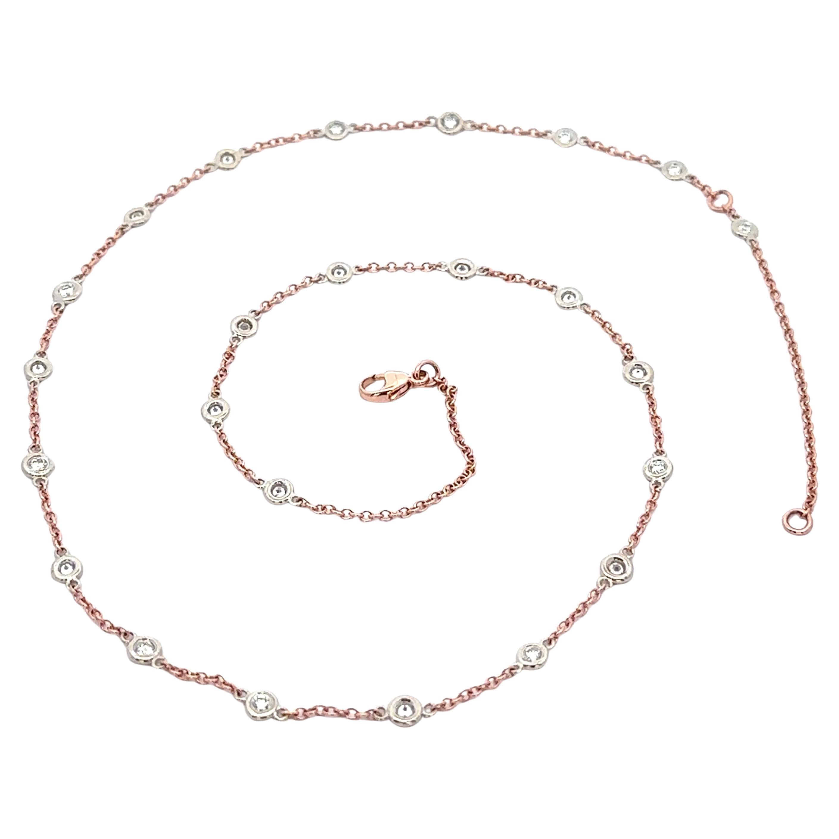 14k Rose Gold Chain White Gold Diamond Station Adjustable By the Yard Necklace
