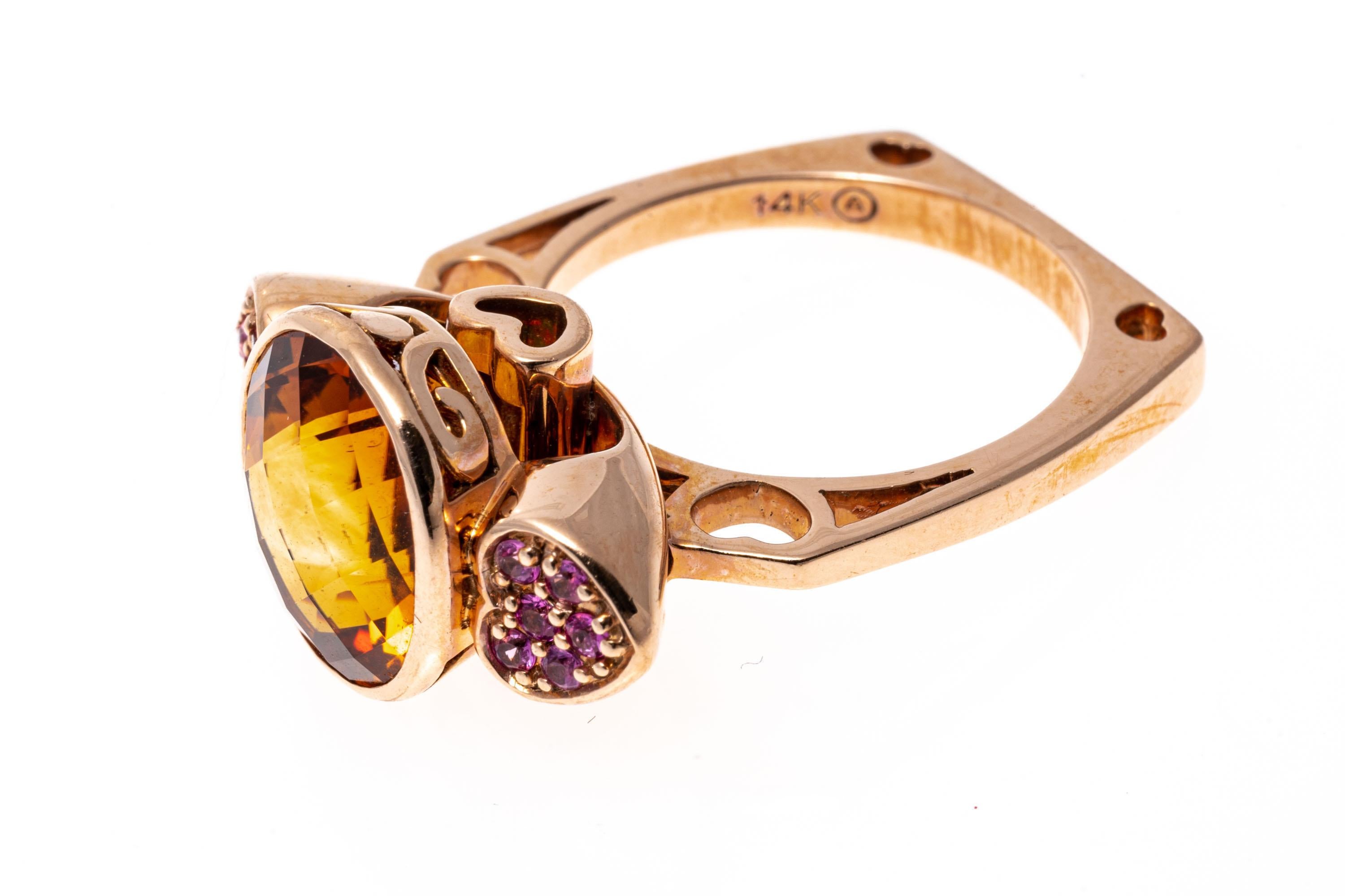 14k Rose Gold Checkerboard Citrine and Pink Sapphire Heart Ring In Good Condition For Sale In Southport, CT