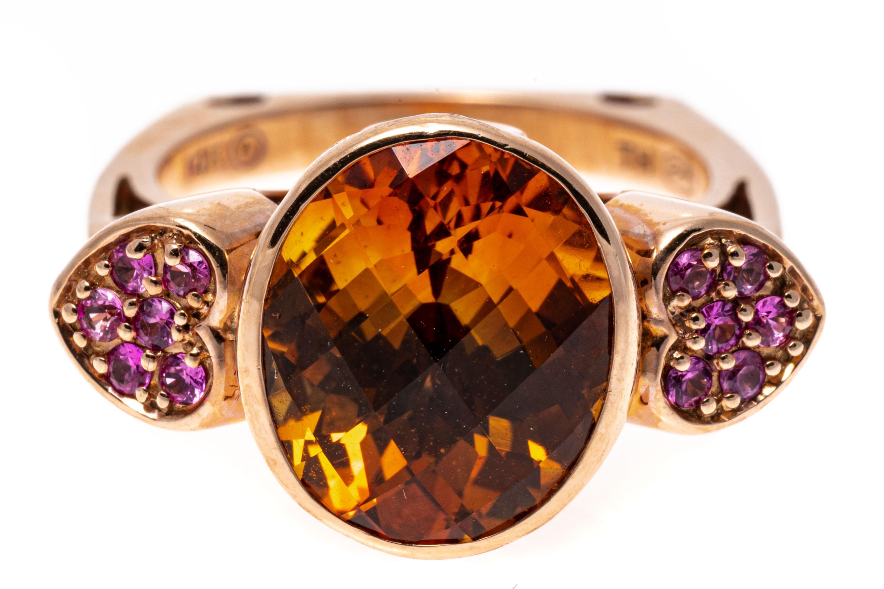 14k Rose Gold Checkerboard Citrine and Pink Sapphire Heart Ring For Sale 2