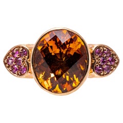 Vintage 14k Rose Gold Checkerboard Citrine and Pink Sapphire Heart Ring
