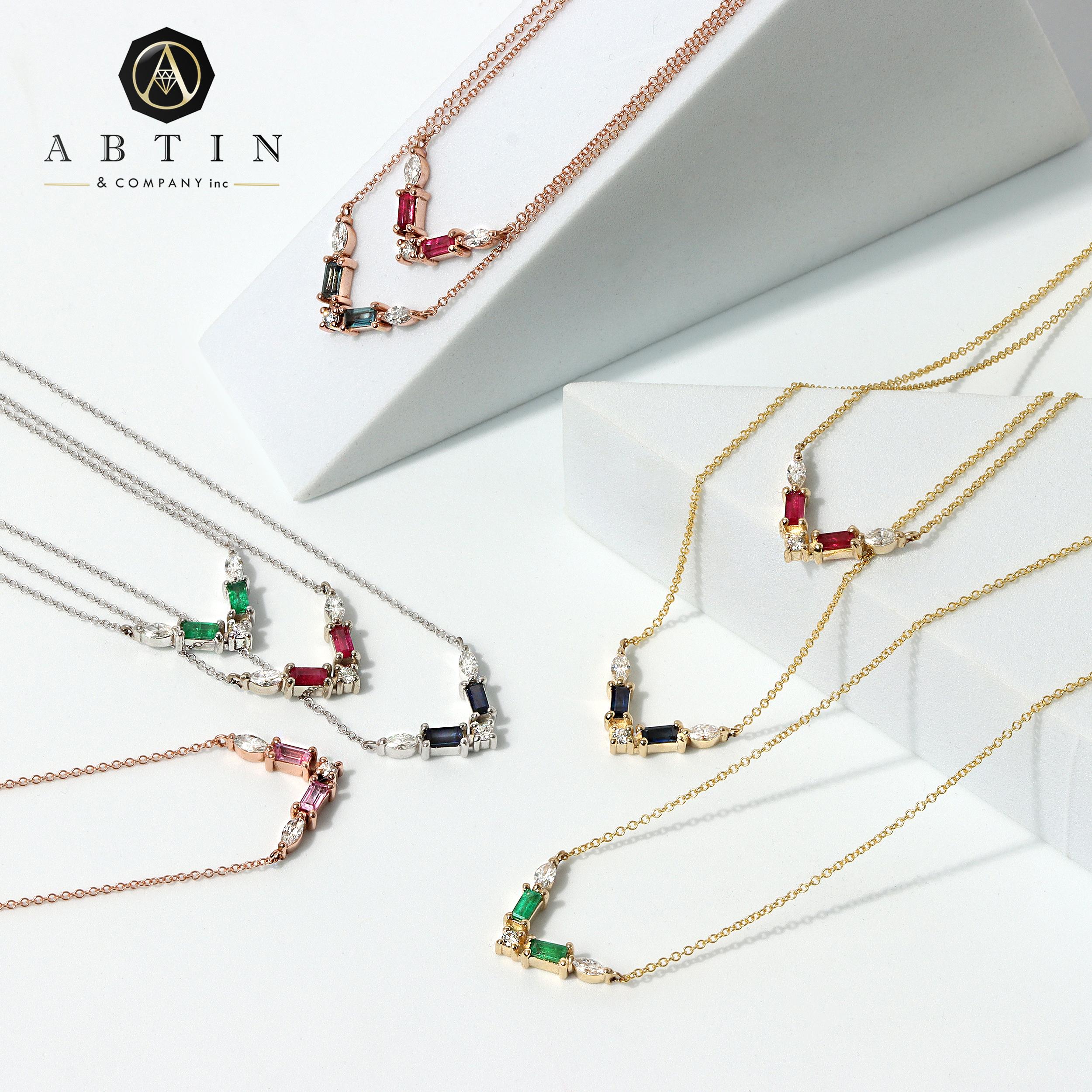Halskette mit Baguette-Anhänger, 14 Karat Roségold Chevron Diamant & rosa Saphir (Moderne) im Angebot