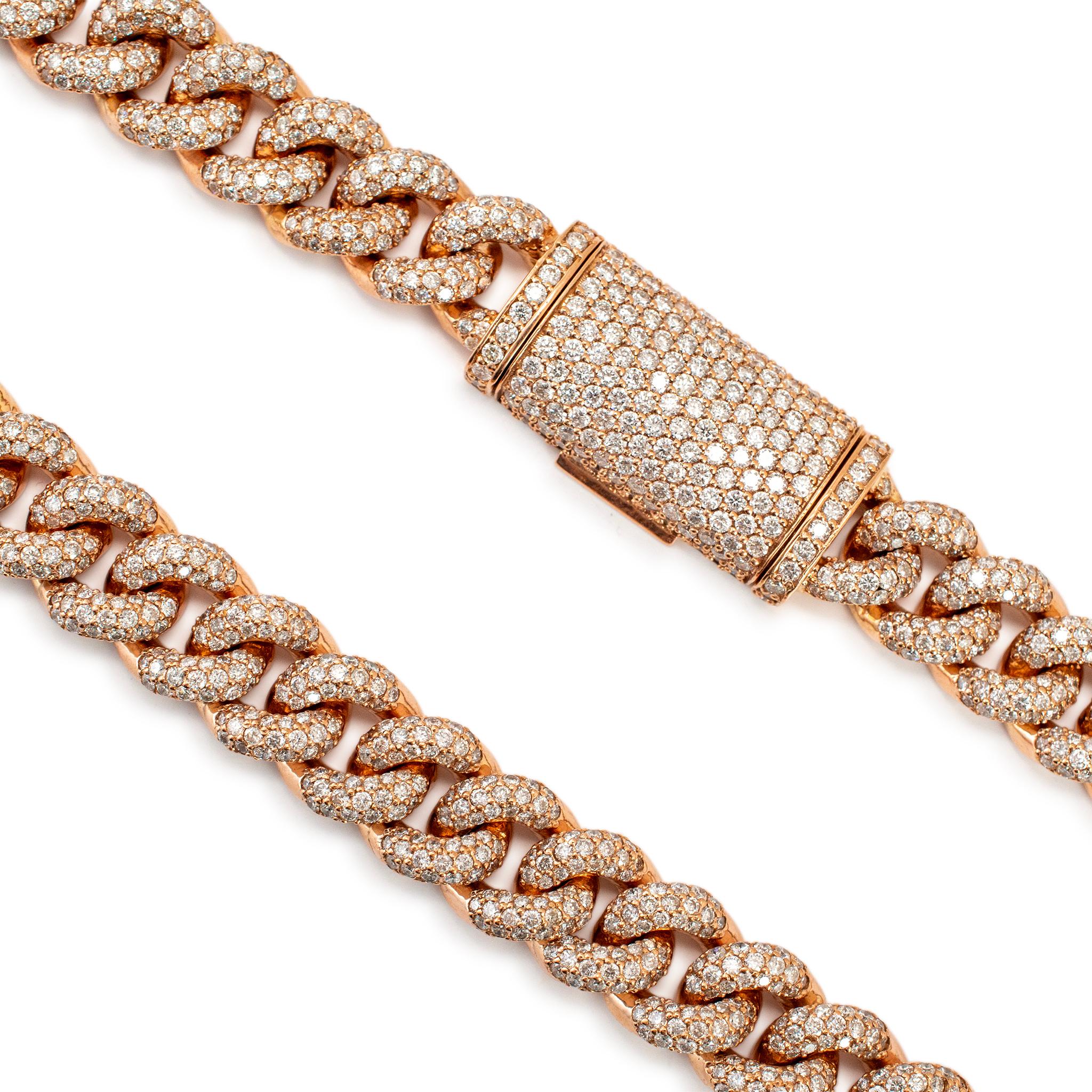 Taglio rotondo Collana a catena cubana Chocker Pave Diamond 28.88ct in oro rosa 14K in vendita