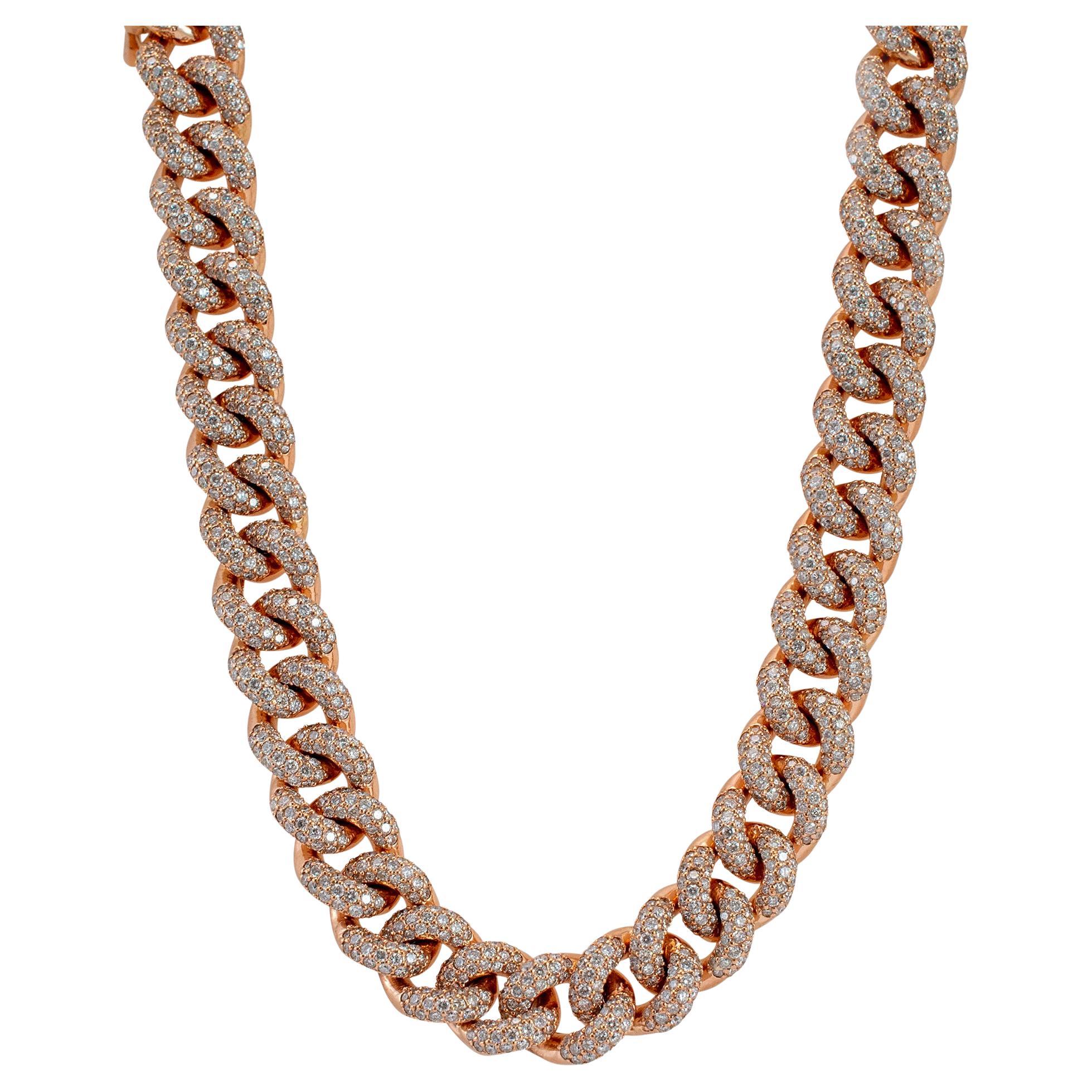 14K Rose Gold Chocker Pave Diamond 28.88ct Cuban Chain Necklace