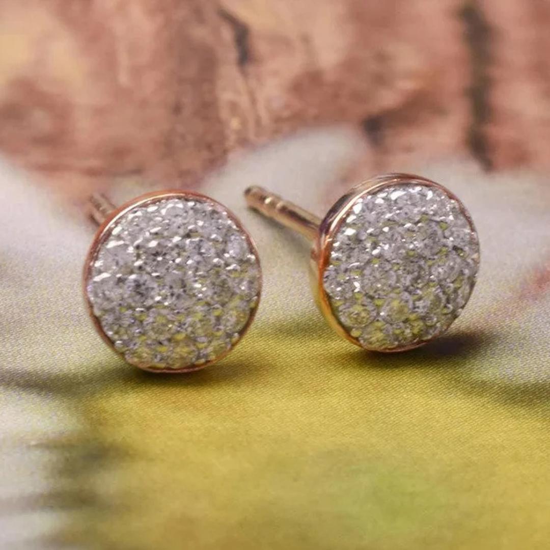 14k Gold Circle Dome Stud Diamond Cluster Round Stud Earrings Minimal Stud In New Condition For Sale In Bangkok, TH