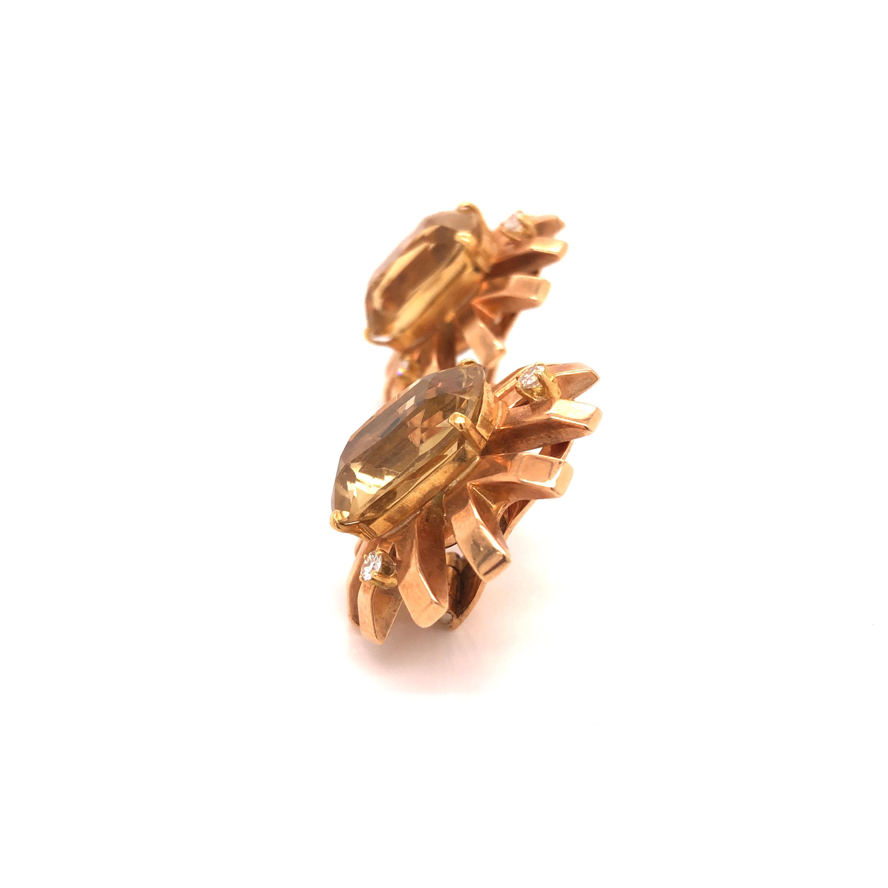 Women's or Men's 14 Karat Rose Gold Citrine Diamond Belgian Earrings For Sale