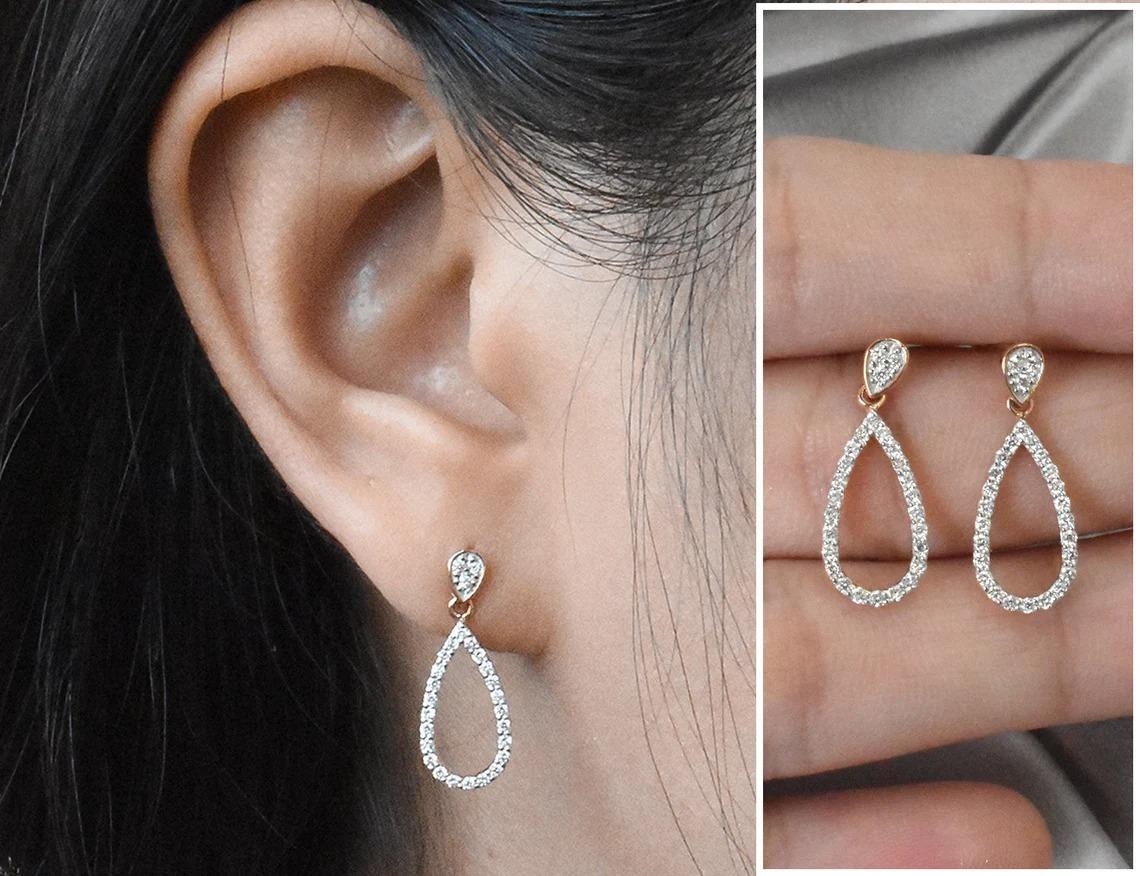 Round Cut 14k Gold Cluster Diamond Earrings Diamond Teardrop Stud Earrings For Sale