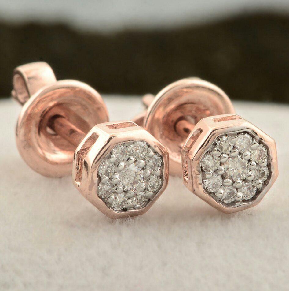 Boucles d'oreilles en or rose 14K avec grappes de diamants Boucles d'oreilles minimaliste avec diamants Cadeau Unisexe en vente