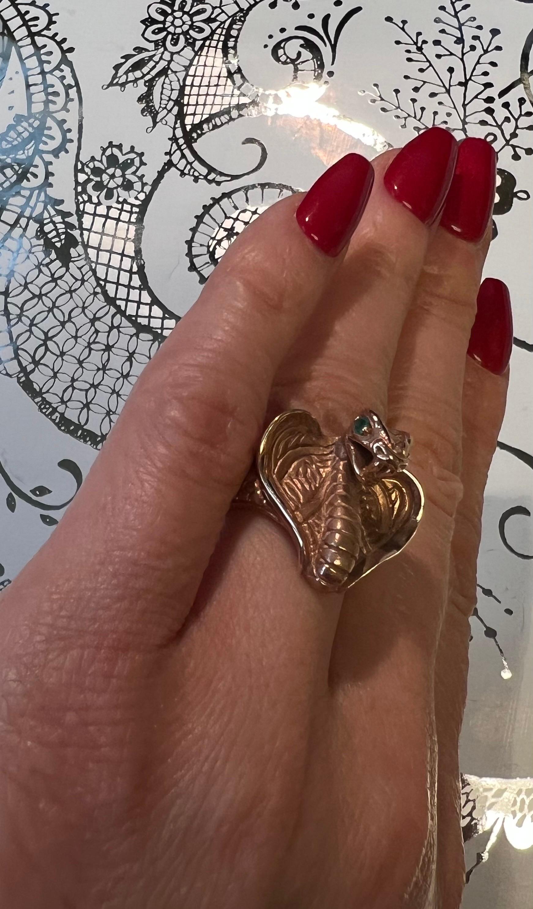 Women's or Men's 14k Rose Gold Cobra Snake Ring with Emerald Eyas For Sale
