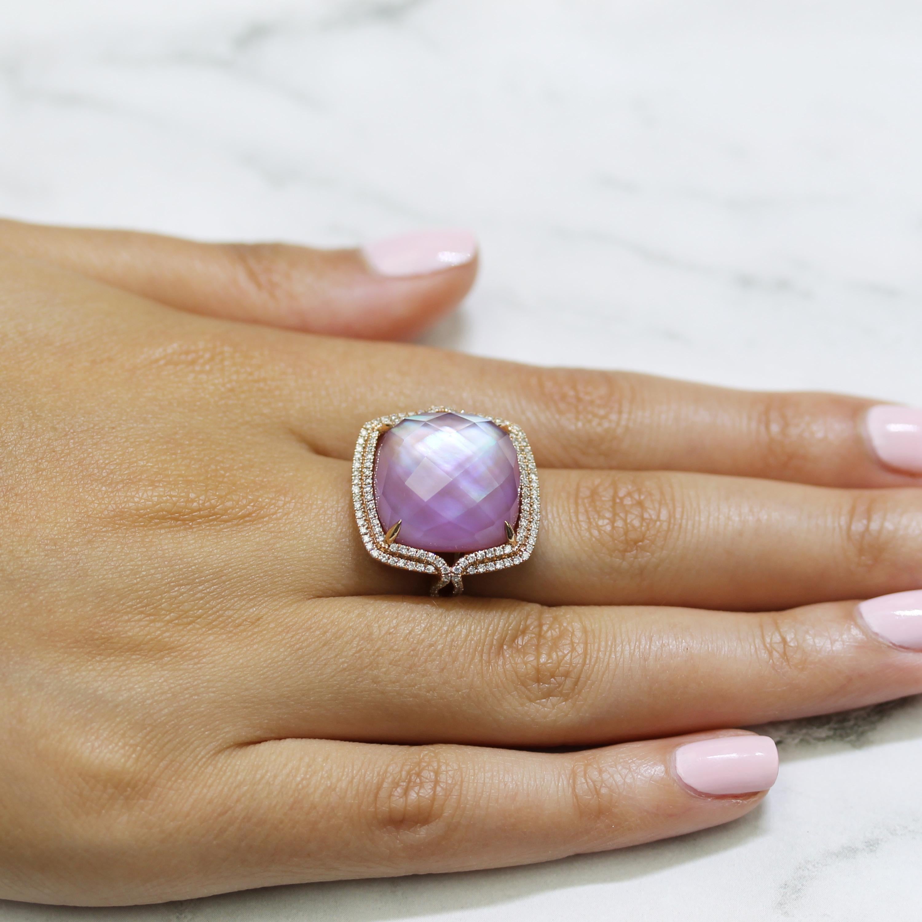 Viola Collection Ring featuring a doublet of checker-cut Round Light Amethyst layered with Pink Mother of Pearl, double Diamond Halo, Split, set in 14K Rose Gold. Finger size 6.5, adjustable upon request/quote. The Viola collection from Doves by